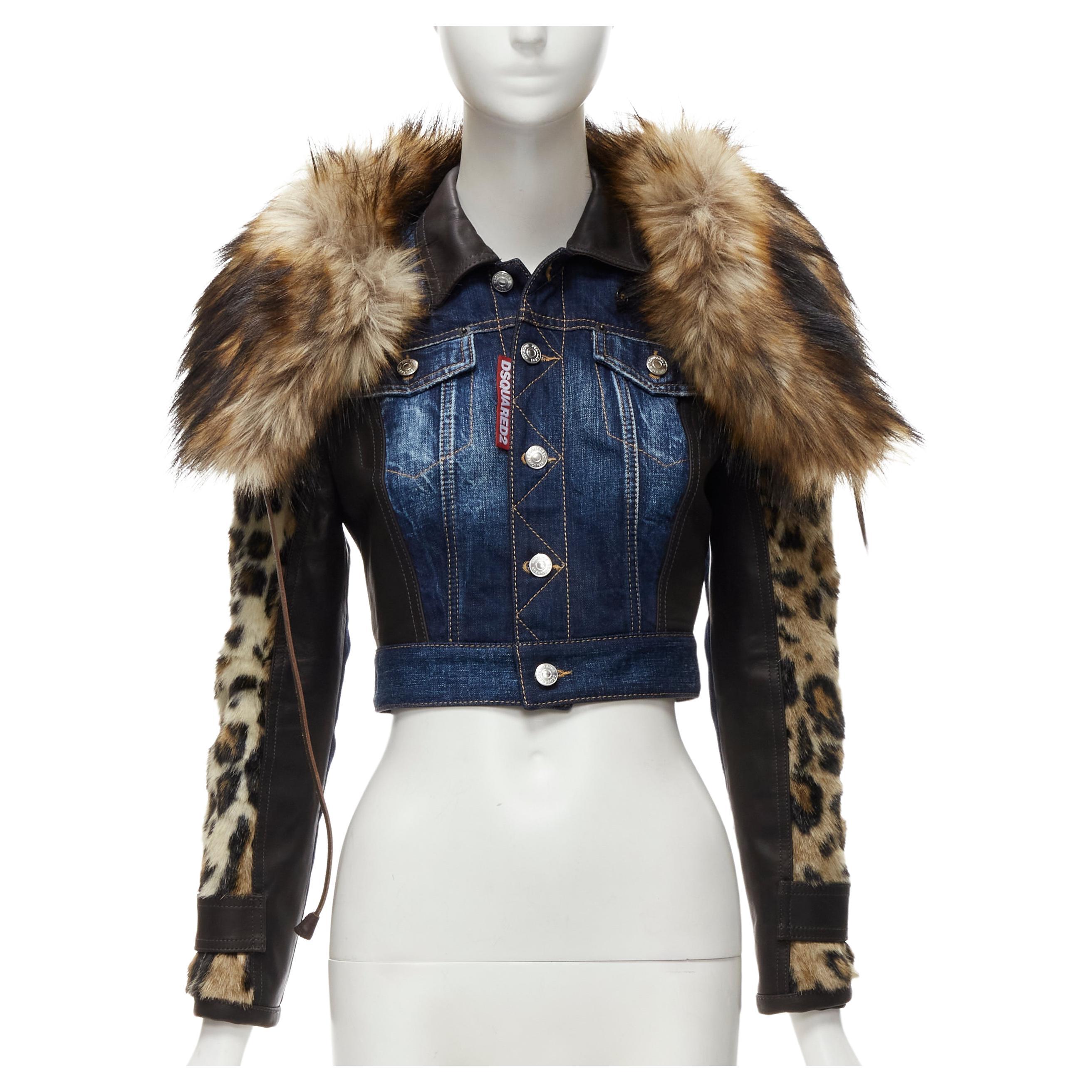 DSQUARED2 2020 detachable fur collar leopard sleeve cropped denim jacket IT38 XS