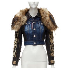 DSQUARED2 2020 detachable fur collar leopard sleeve cropped denim jacket IT38 XS