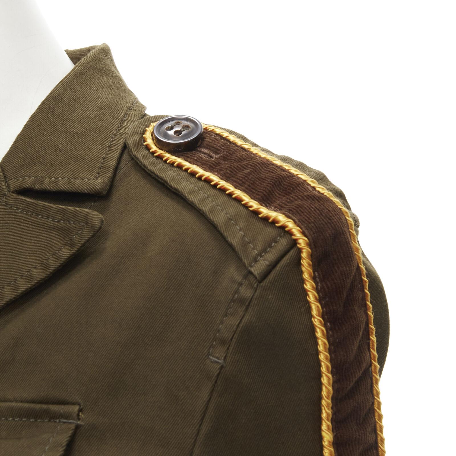 DSQUARED2 2021 green cotton military officer corduroy  utility jacket IT36 XS
Reference: AAWC/A00117
Brand: Dsquared2
Material: Cotton
Color: Green, Brown
Pattern: Solid
Closure: Button
Lining: Unlined
Extra Details: Military dark green cotton.