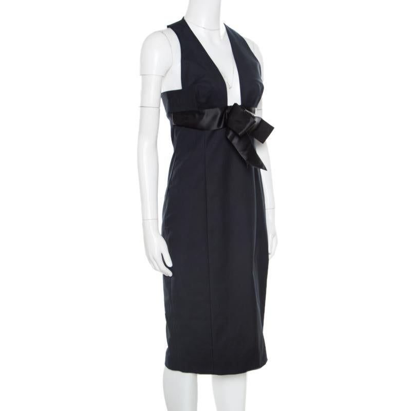 Dsquared2 Black Cotton Satin Bow Detail Plunge Neck Sleeveless Dress M In Good Condition In Dubai, Al Qouz 2