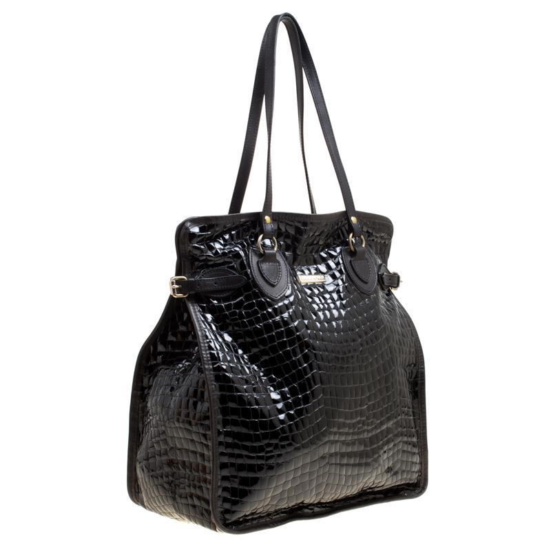 Women's Dsquared2 Black Croc Embossed Patent Leather Tote