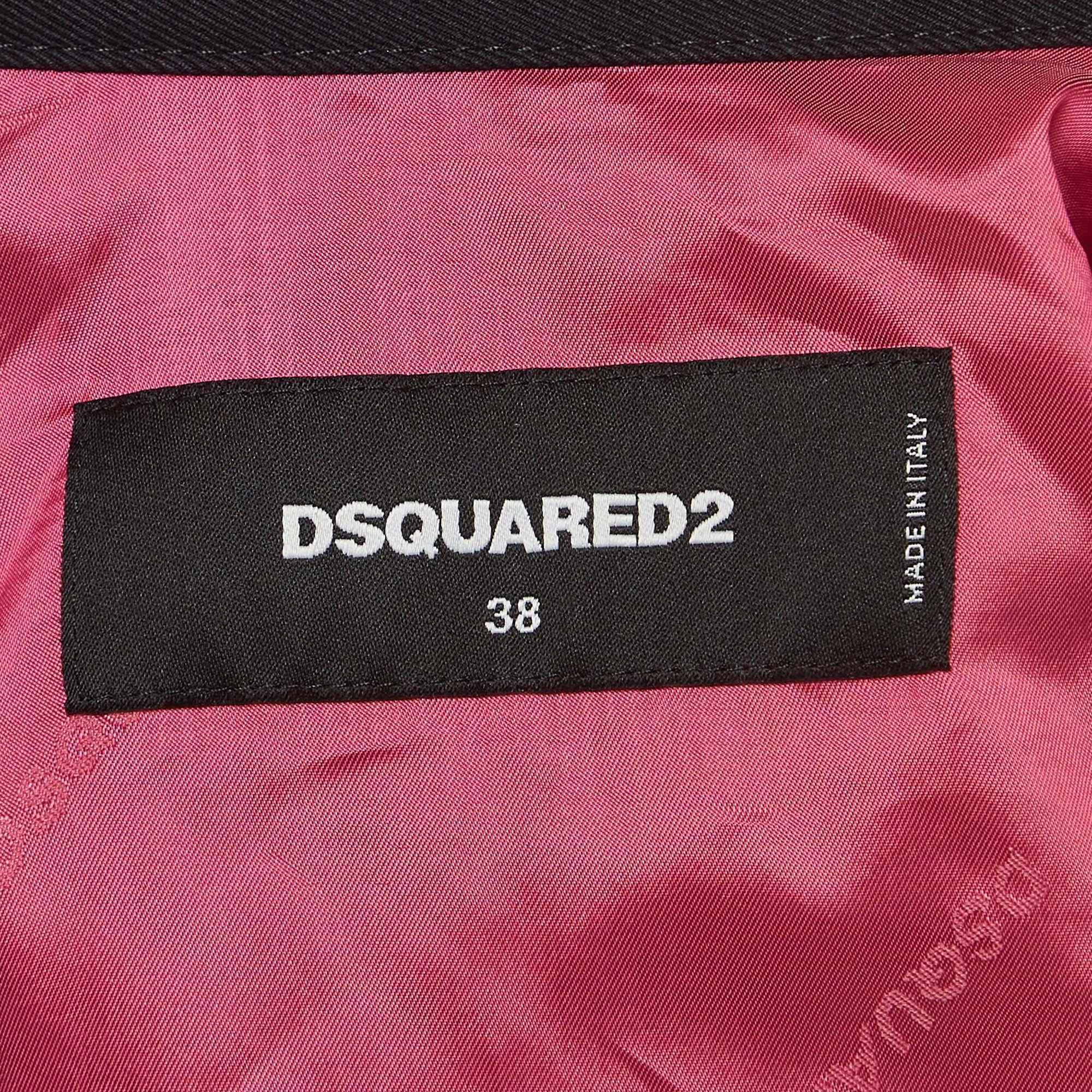 Dsquared2 Black Floral Print Leather Trim Denim Biker Jacket S Pour femmes en vente