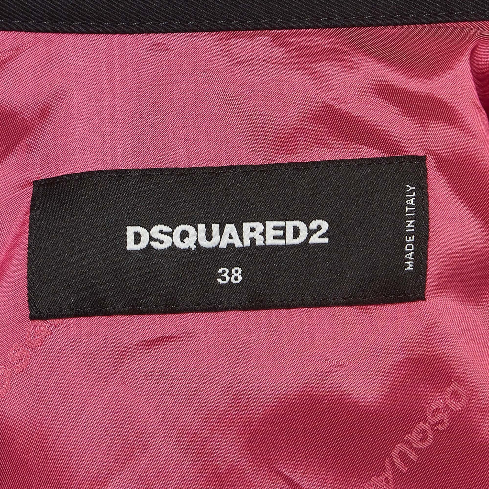 Women's Dsquared2 Black Floral Print Leather Trim Denim Biker Jacket S