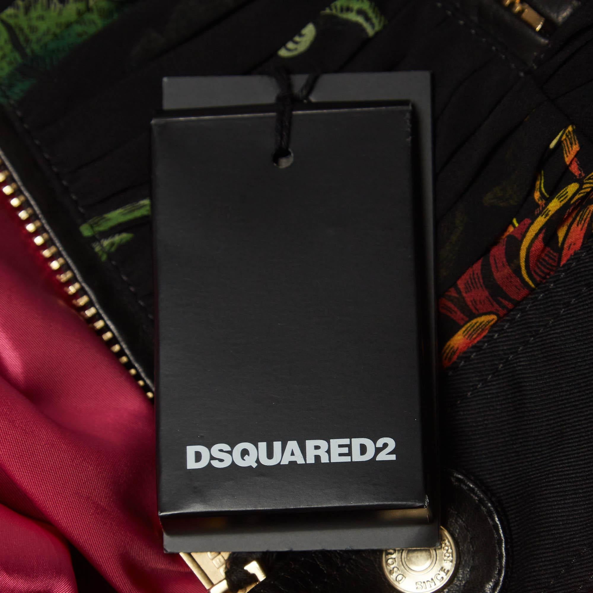 Dsquared2 Black Floral Print Leather Trim Denim Biker Jacket S For Sale 2