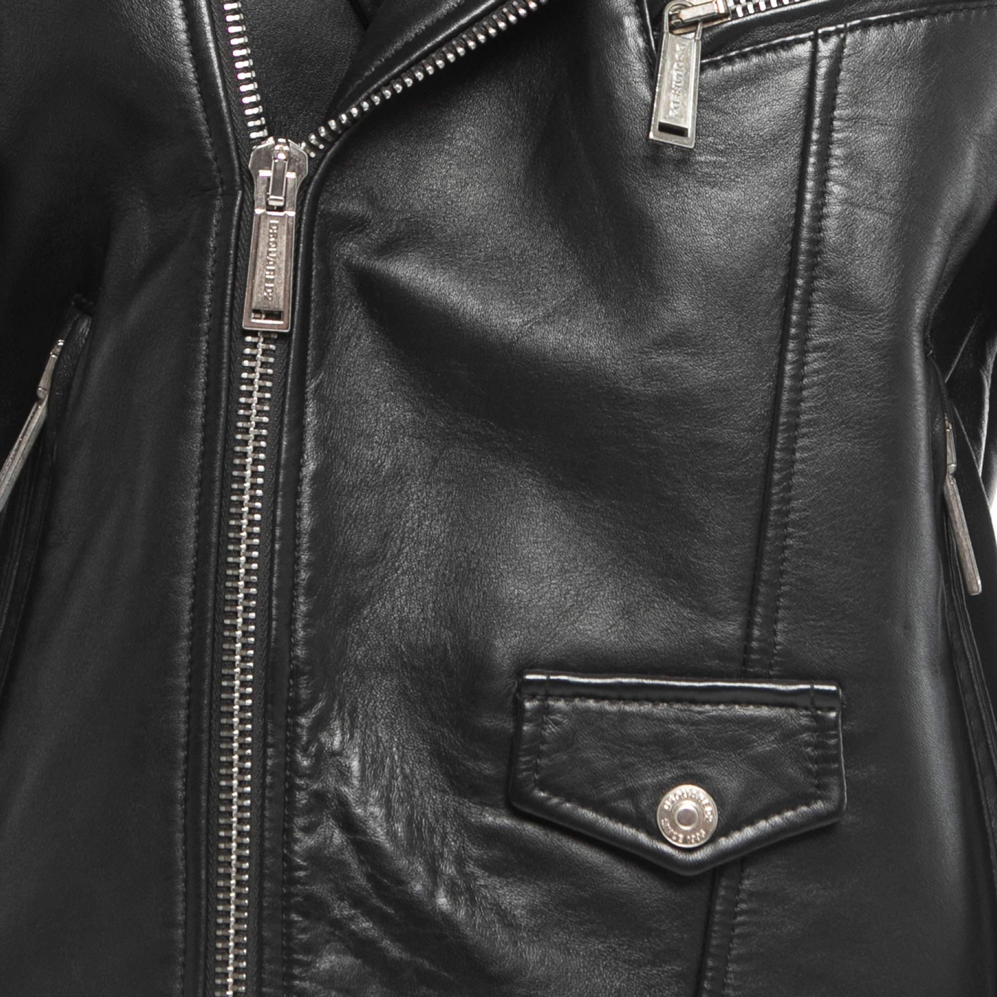 Dsquared2 Black Leather Dubai Icon Print Biker Jacket M For Sale 1