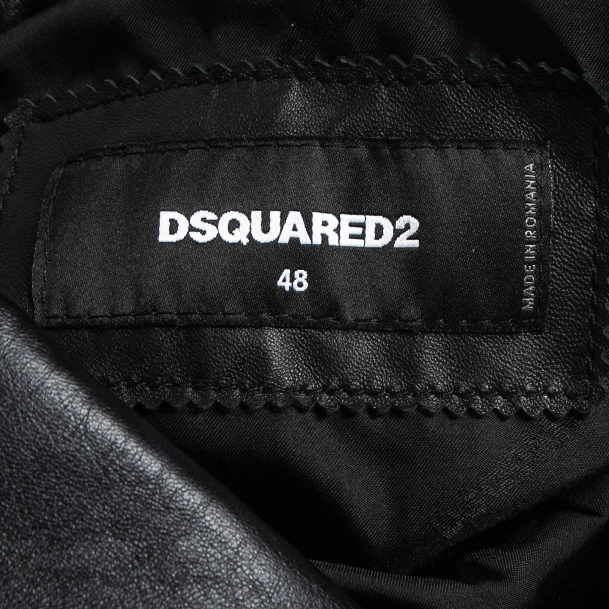 Dsquared2 Schwarze Dubai-Bikerjacke aus Leder mit Ikon-Druck M im Angebot 2