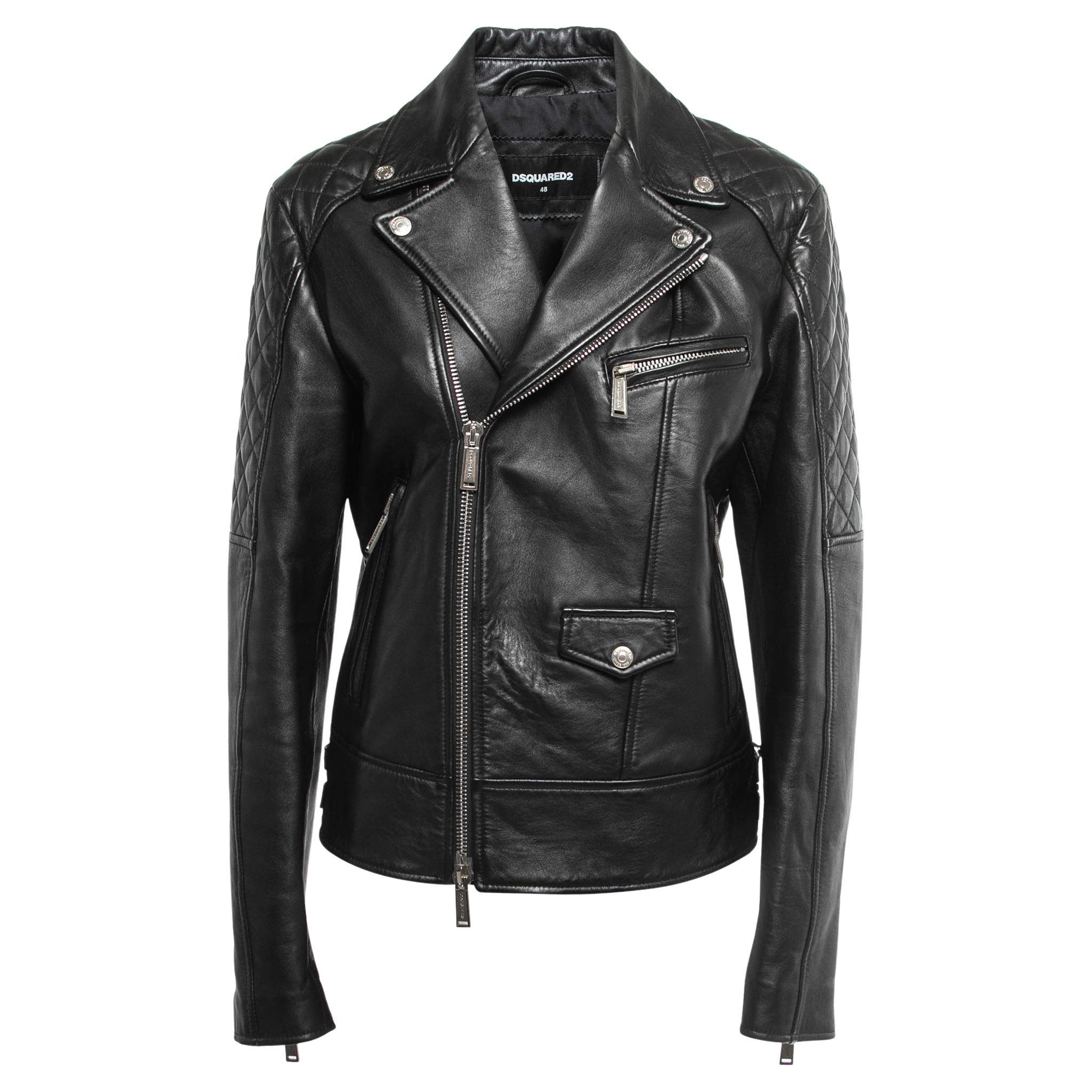 Dsquared2 Black Leather Dubai Icon Print Biker Jacket M For Sale
