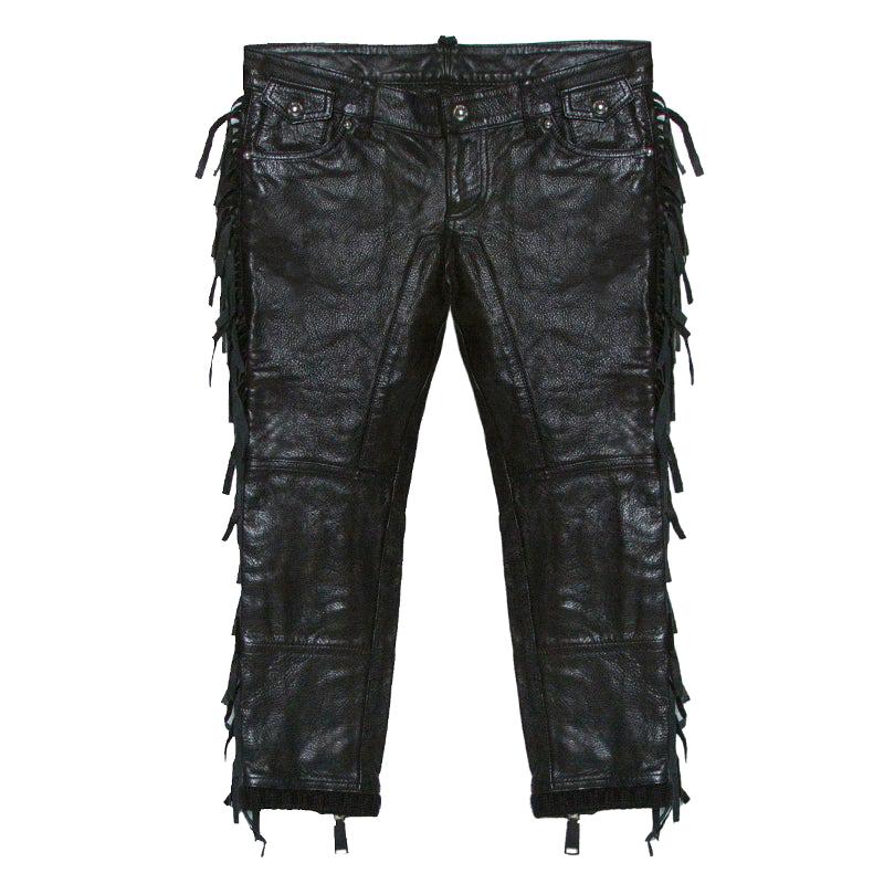 Dsquared2 Black Leather Fringed Trim Detail Cropped Pants S For Sale