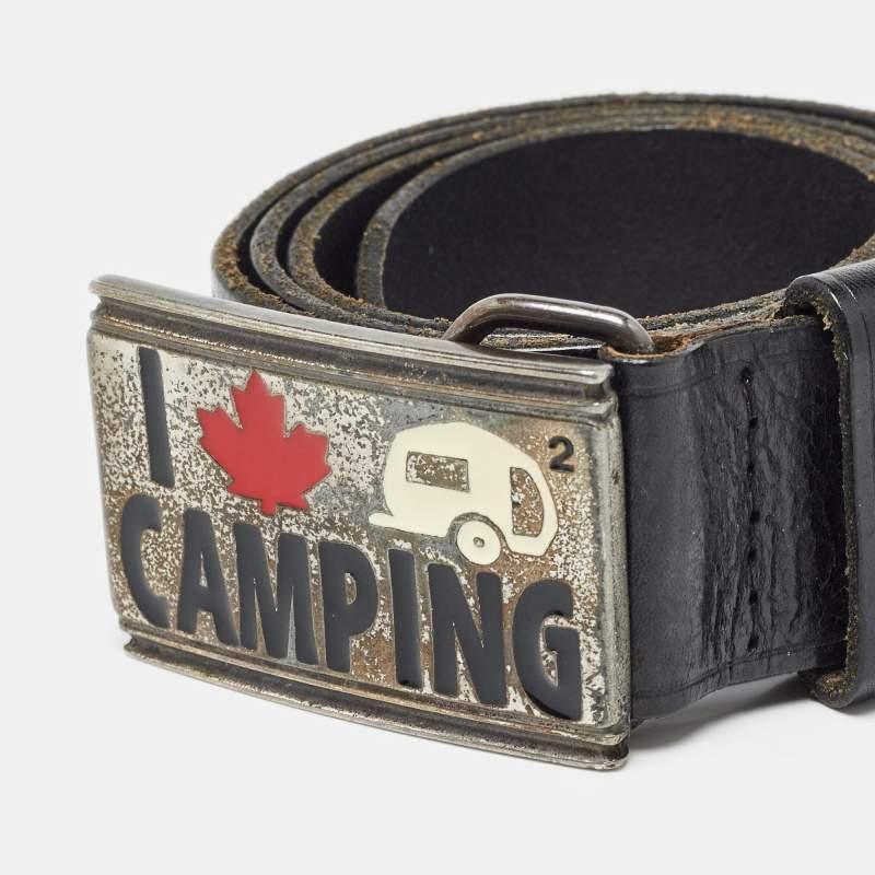 Noir Dsquared2 Black Leather Logo Plague Buckle Belt M en vente
