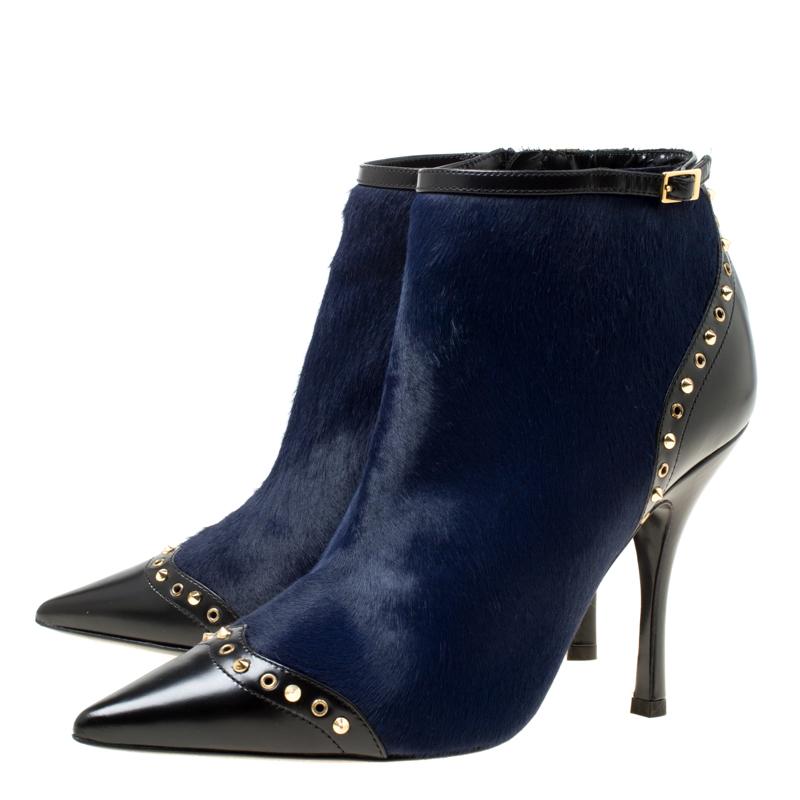 Dsquared2 Black Leather With Navy Blue Studded Pointed Toe Ankle Boots Size 39 1