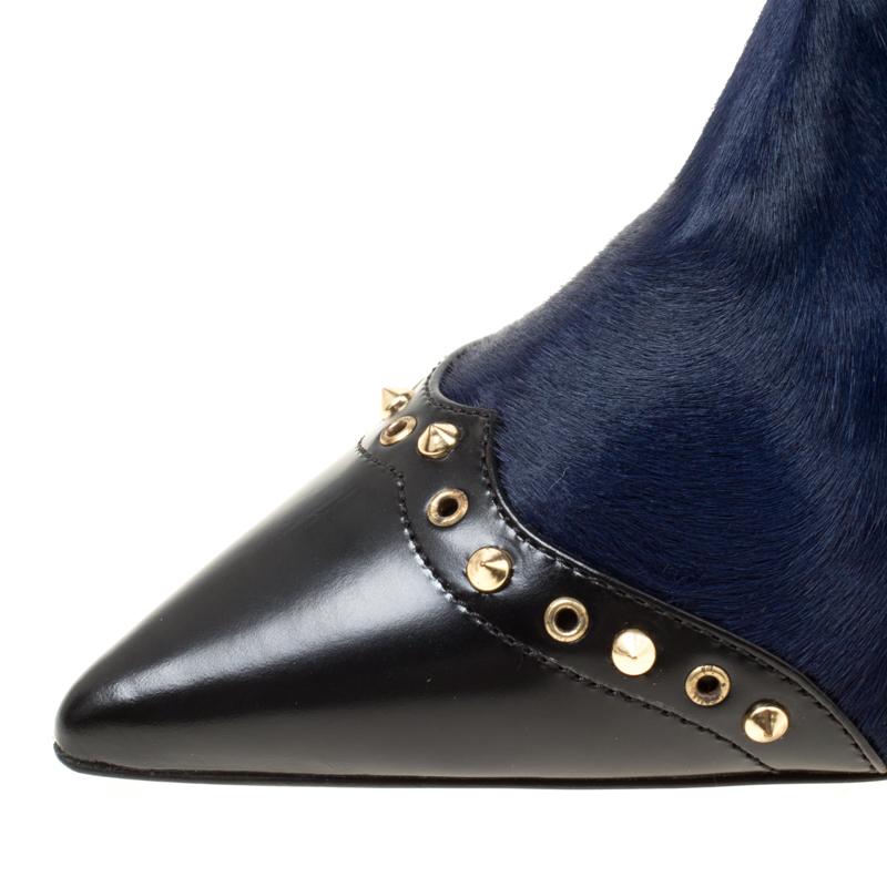 Dsquared2 Black Leather With Navy Blue Studded Pointed Toe Ankle Boots Size 39 2
