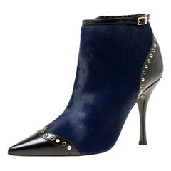 Dsquared2 Black Leather With Navy Blue Studded Pointed Toe Ankle Boots Size 39