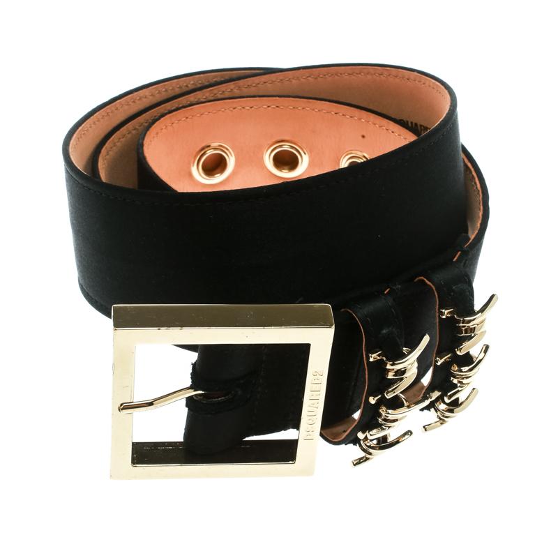 Statement accessories are always worth buying and this belt from Dsquared 2 is one such creation that is sure to add oodles of style to your wardrobe! The black belt is crafted from satin and styled with a square gold-tone engraved buckle and
