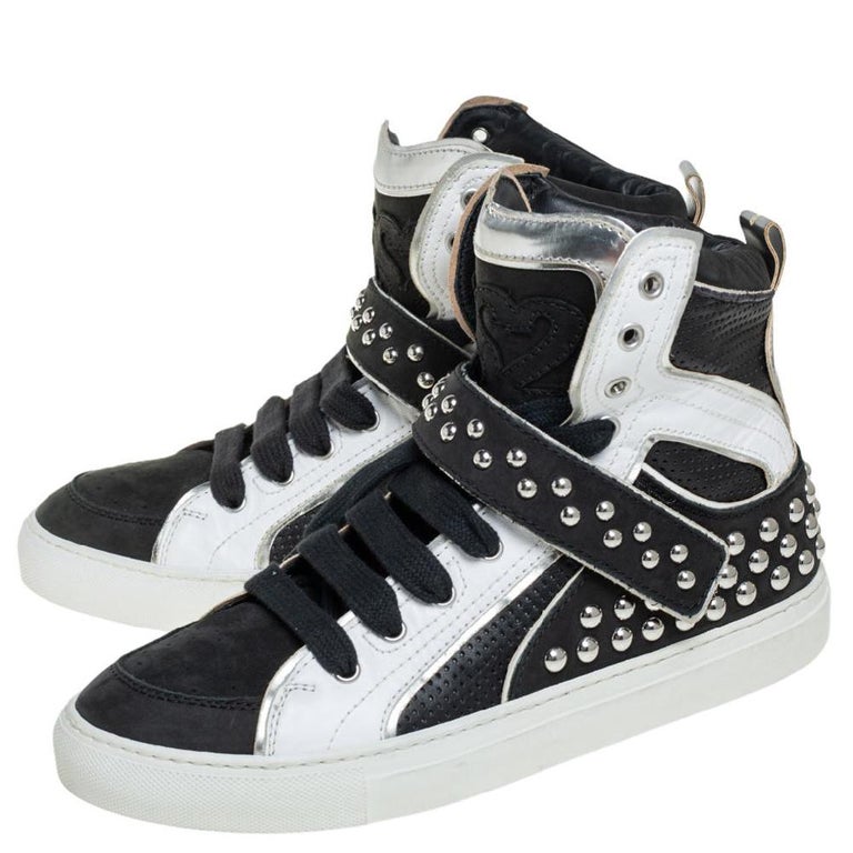 Dsquared2 Black/White Leather And Nubuck Studded High Top Sneakers Size 41  at 1stDibs