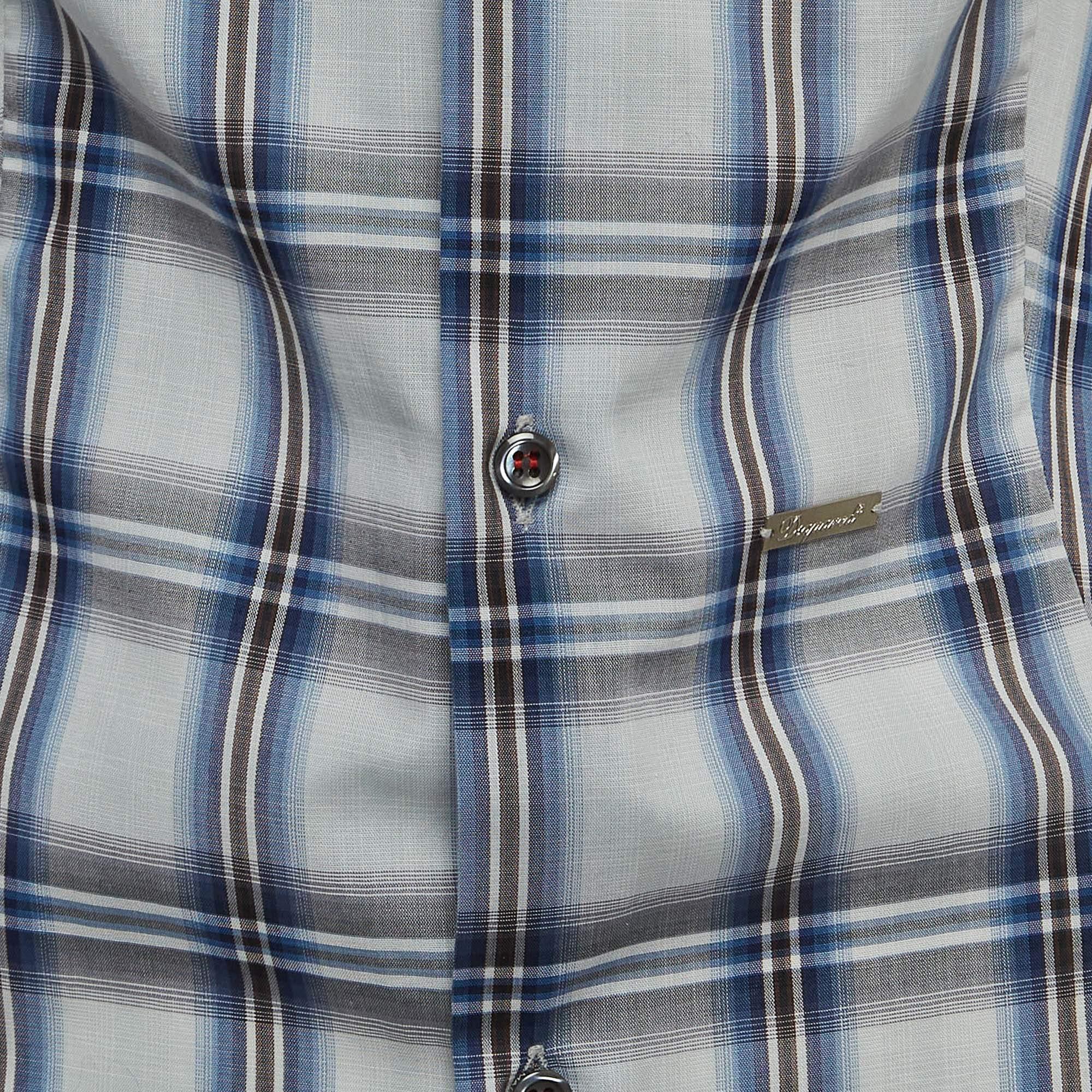 Gray Dsquared2 Blue Checked Cotton Buttoned Short Puff Sleeve Shirt M For Sale