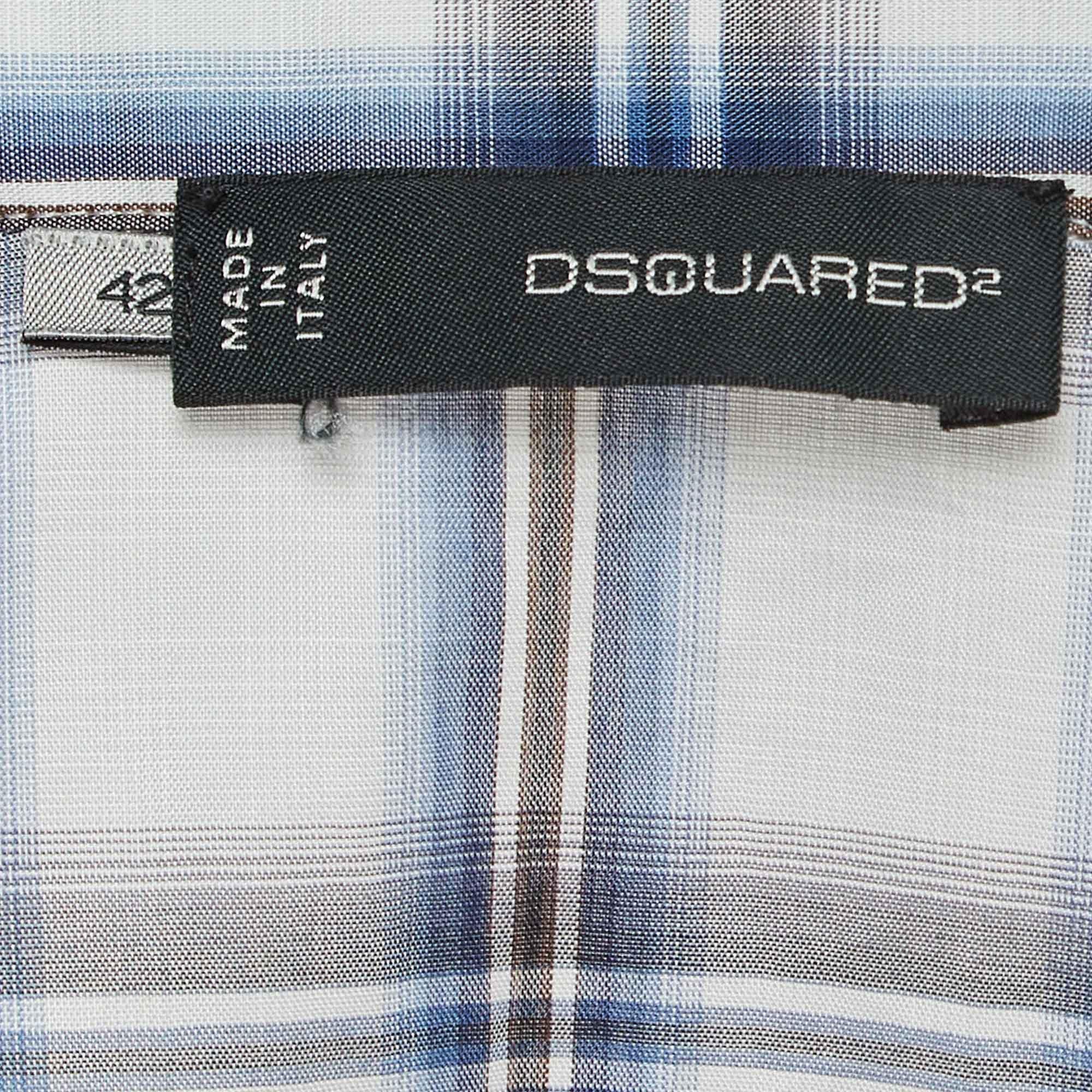 Dsquared2 Blue Checked Cotton Buttoned Short Puff Sleeve Shirt M In Good Condition For Sale In Dubai, Al Qouz 2