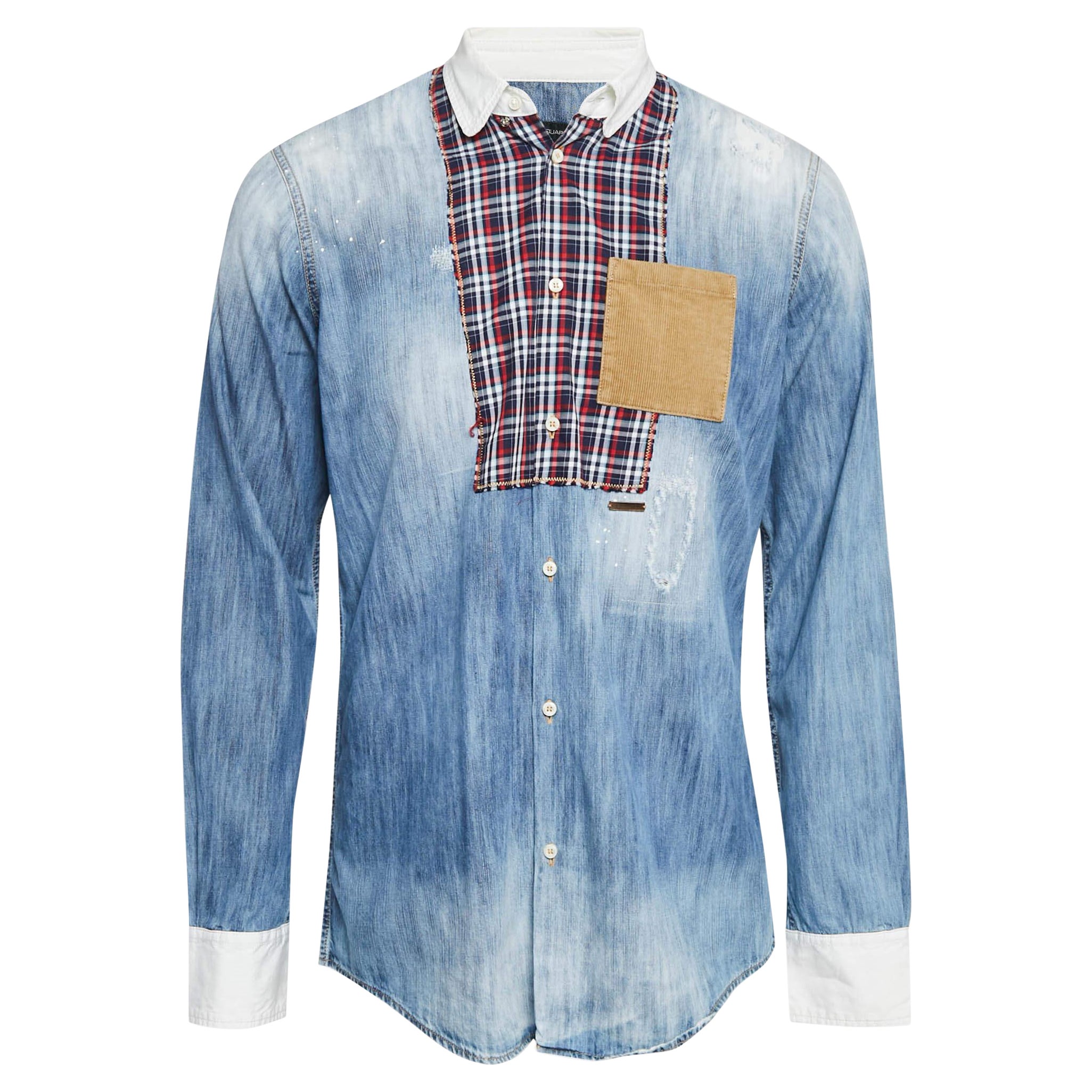 Dsquared2 - Chemise en denim à poches en velours côtelé bleu L