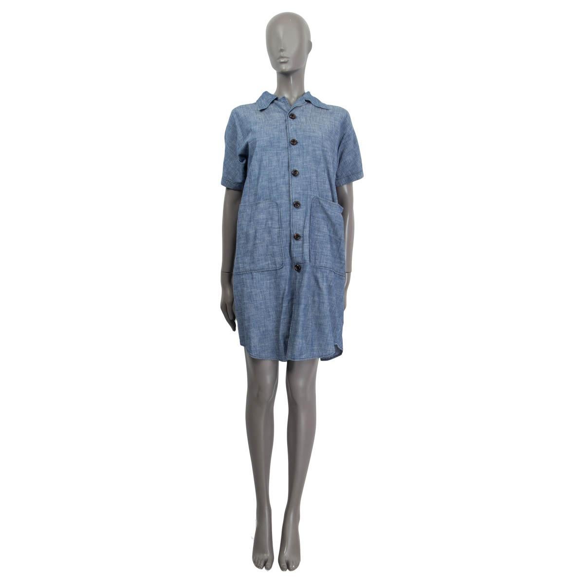 100% authentic Dsquared2 denim dress in blue cotton (100%). Comes with two patch pockets on the front and an adjustable belt. Has a flat collar and short raglan sleeves (measurements taken from the neck). Opens with six buttons on the front.