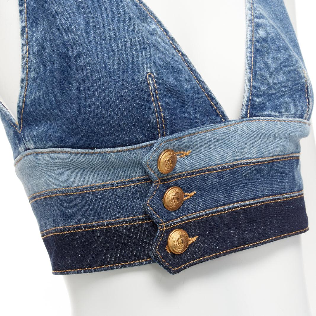 DSQUARED2 blue denim gold military button trio waistband bralette top IT38 XS
Reference: AAWC/A01129
Brand: Dsquared2
Material: Denim
Color: Blue, Gold
Pattern: Solid
Closure: Button
Lining: Blue Denim
Made in: Italy

CONDITION:
Condition: