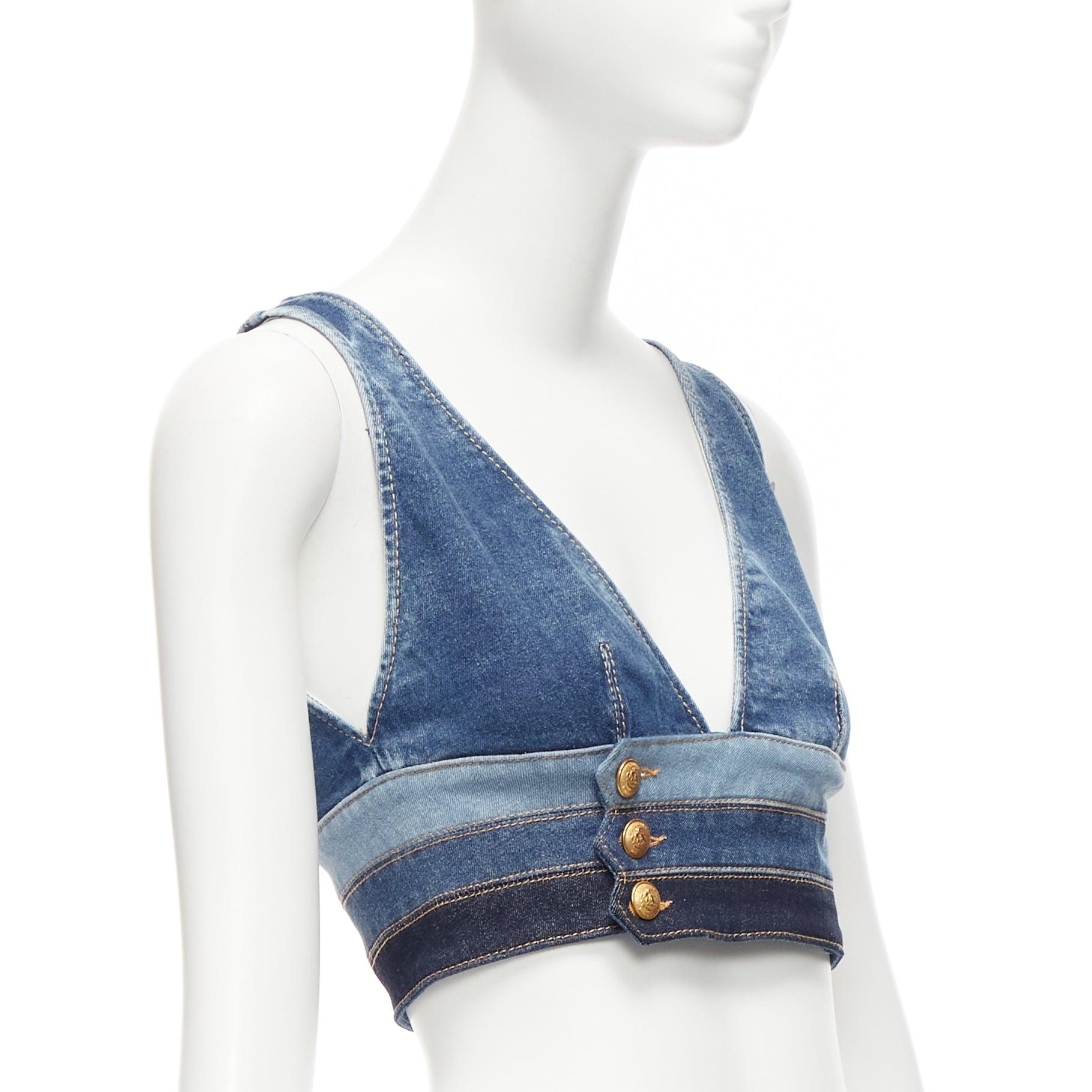 DSQUARED2 blue denim gold military button trio waistband bralette top IT38 XS In Excellent Condition For Sale In Hong Kong, NT