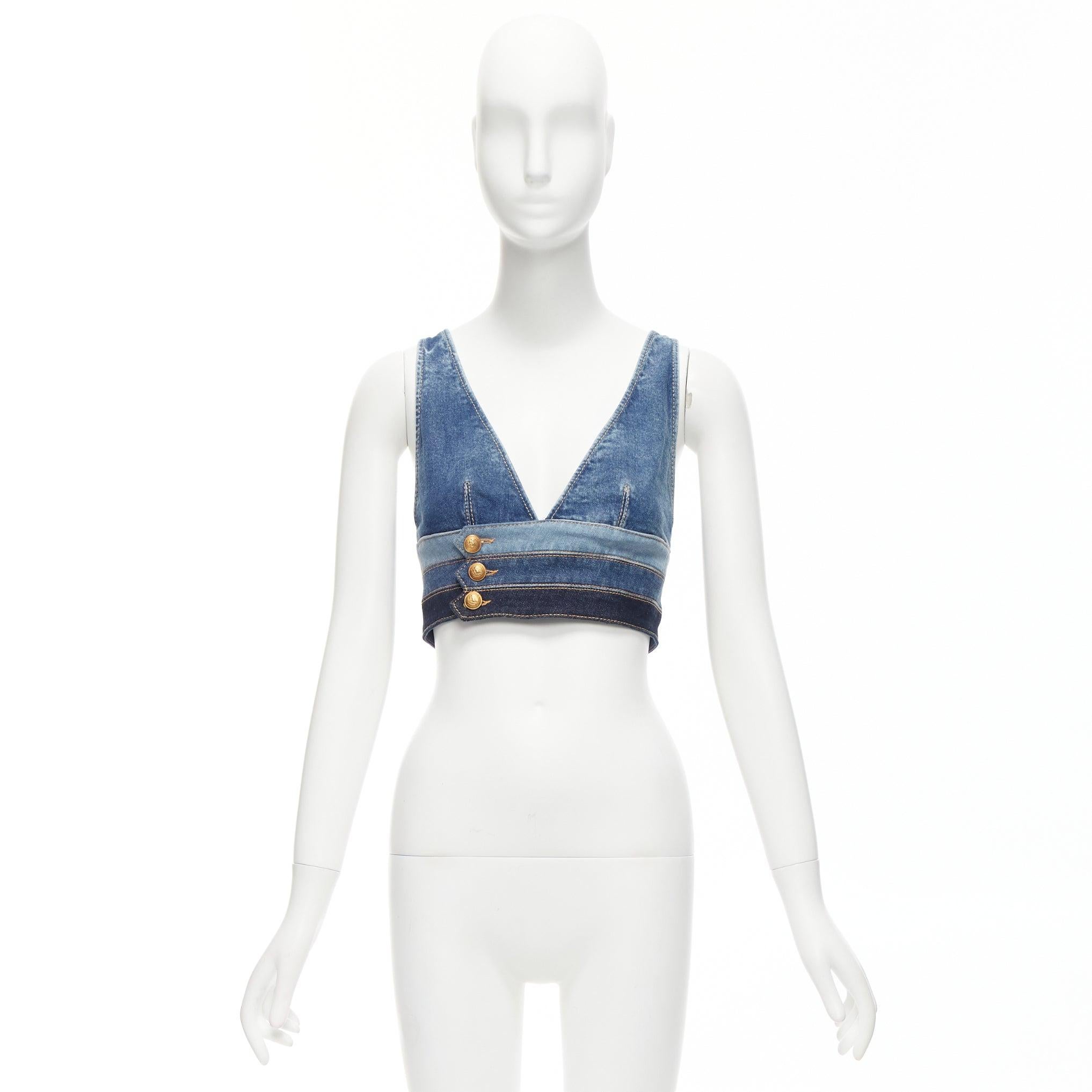 DSQUARED2 blue denim gold military button trio waistband bralette top IT38 XS For Sale 5