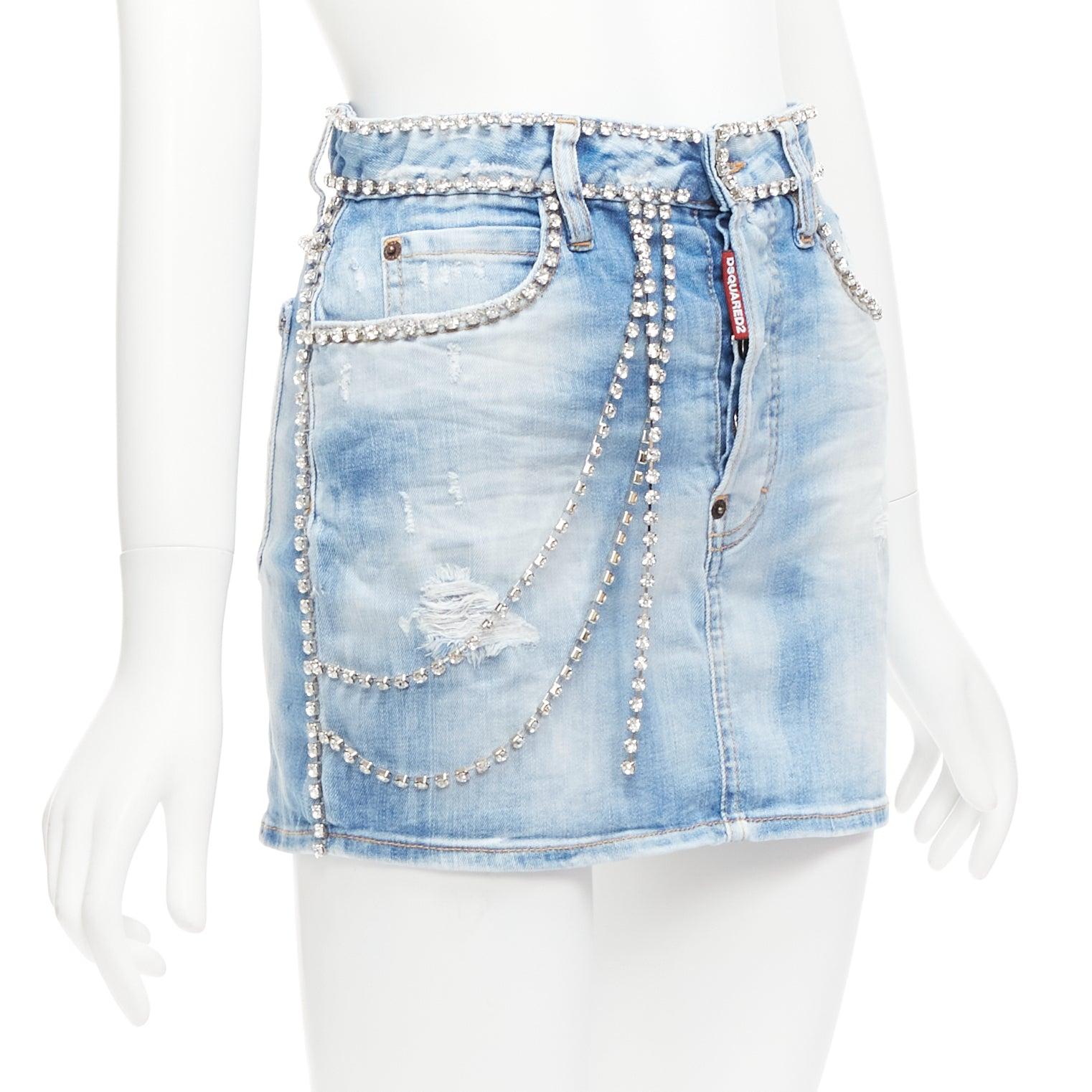 Blue DSQUARED2 blue distressed denim crystal chain embellished mini skirt IT36 S For Sale