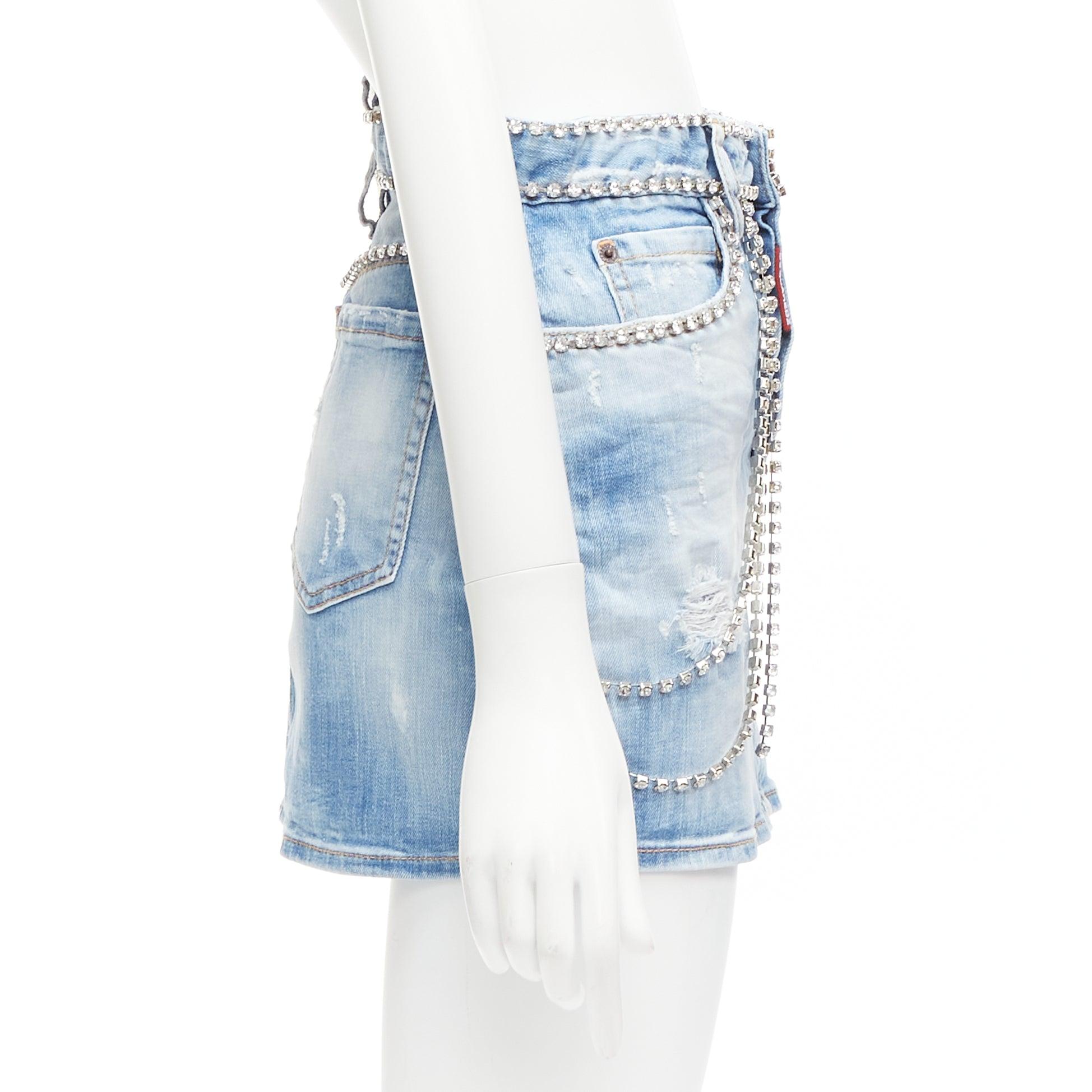 Women's DSQUARED2 blue distressed denim crystal chain embellished mini skirt IT36 S For Sale