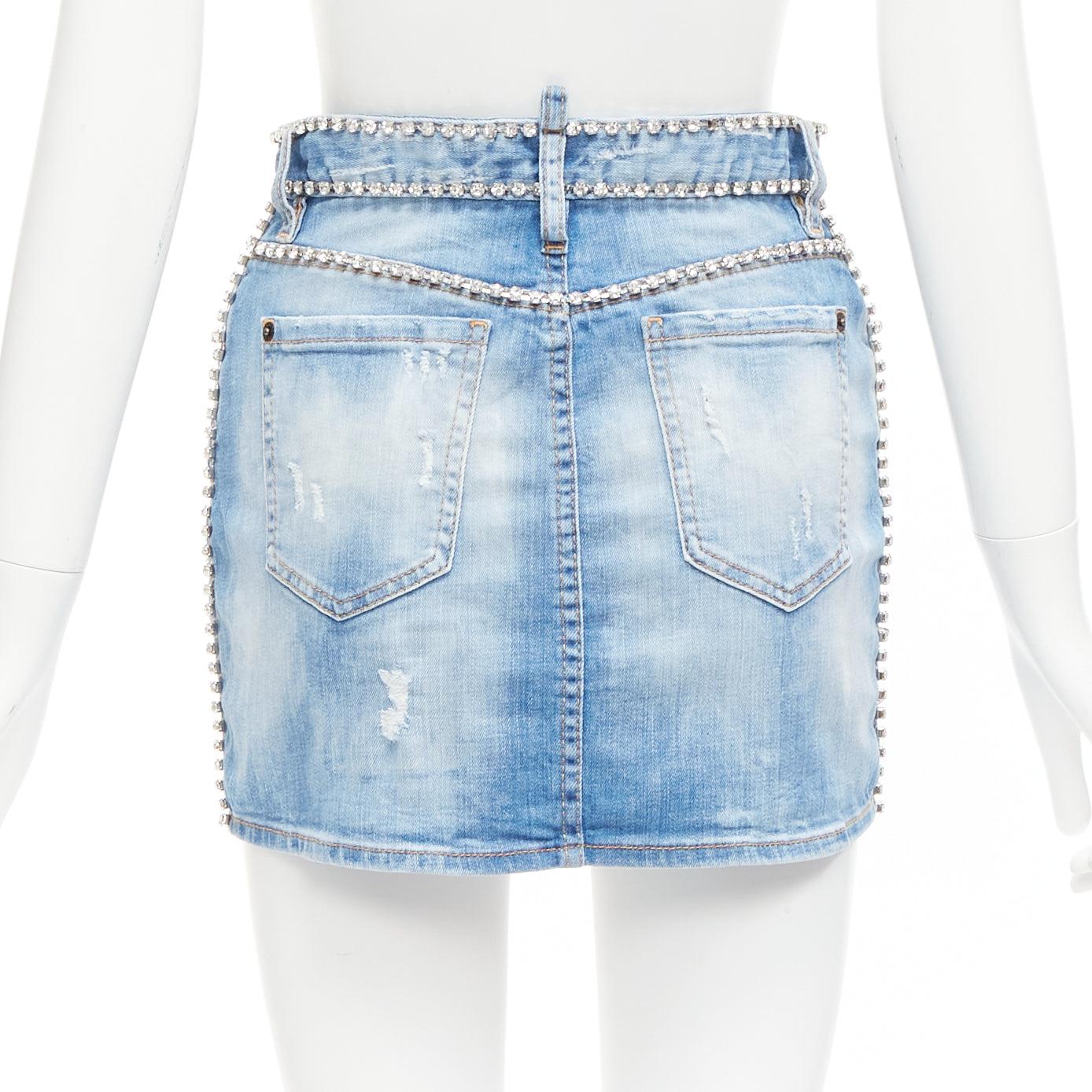 Women's DSQUARED2 blue distressed denim crystal chain embellished mini skirt IT36 S For Sale
