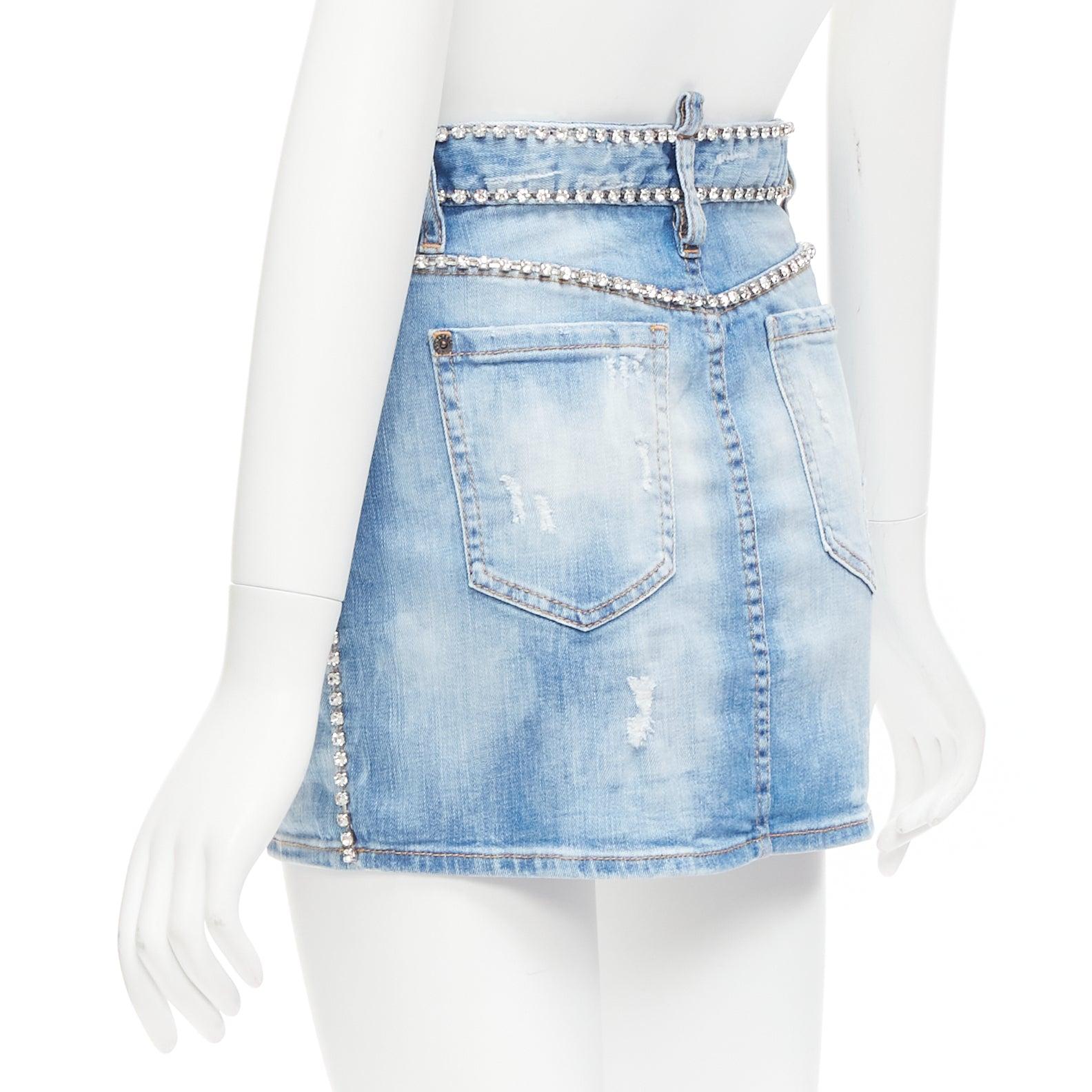 DSQUARED2 blue distressed denim crystal chain embellished mini skirt IT36 S For Sale 1