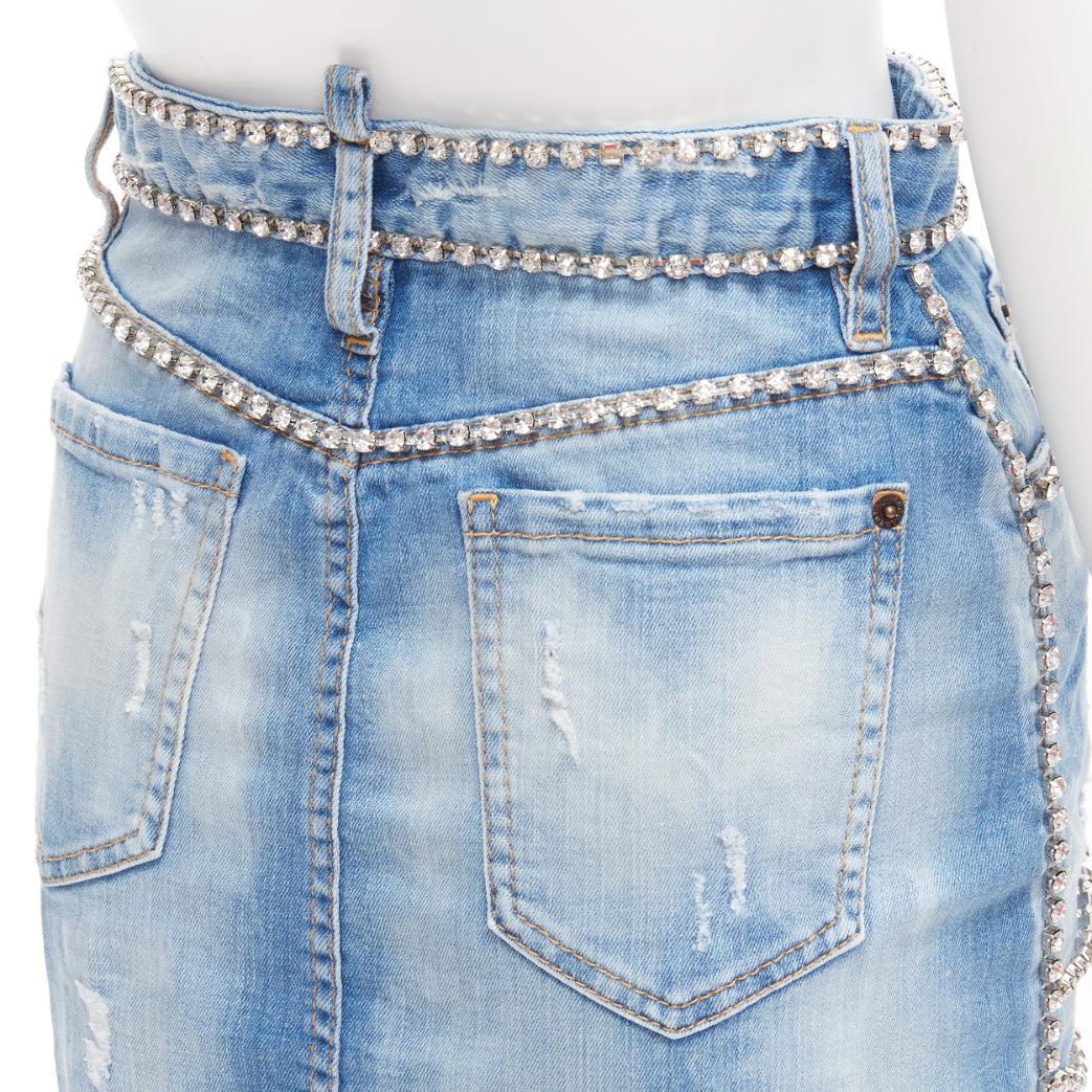 DSQUARED2 blue distressed denim crystal chain embellished mini skirt IT36 S For Sale 2