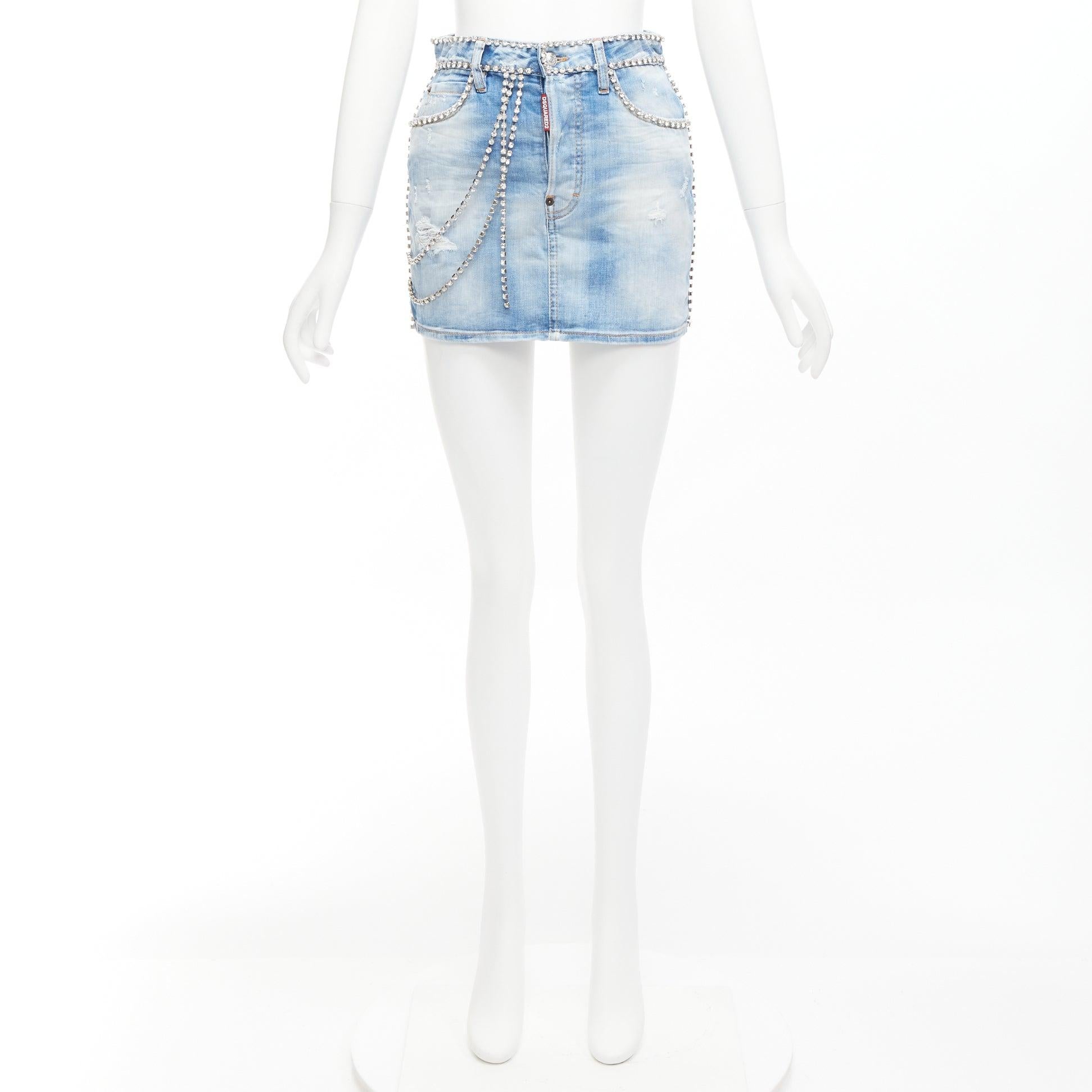 DSQUARED2 blue distressed denim crystal chain embellished mini skirt IT36 S For Sale 4