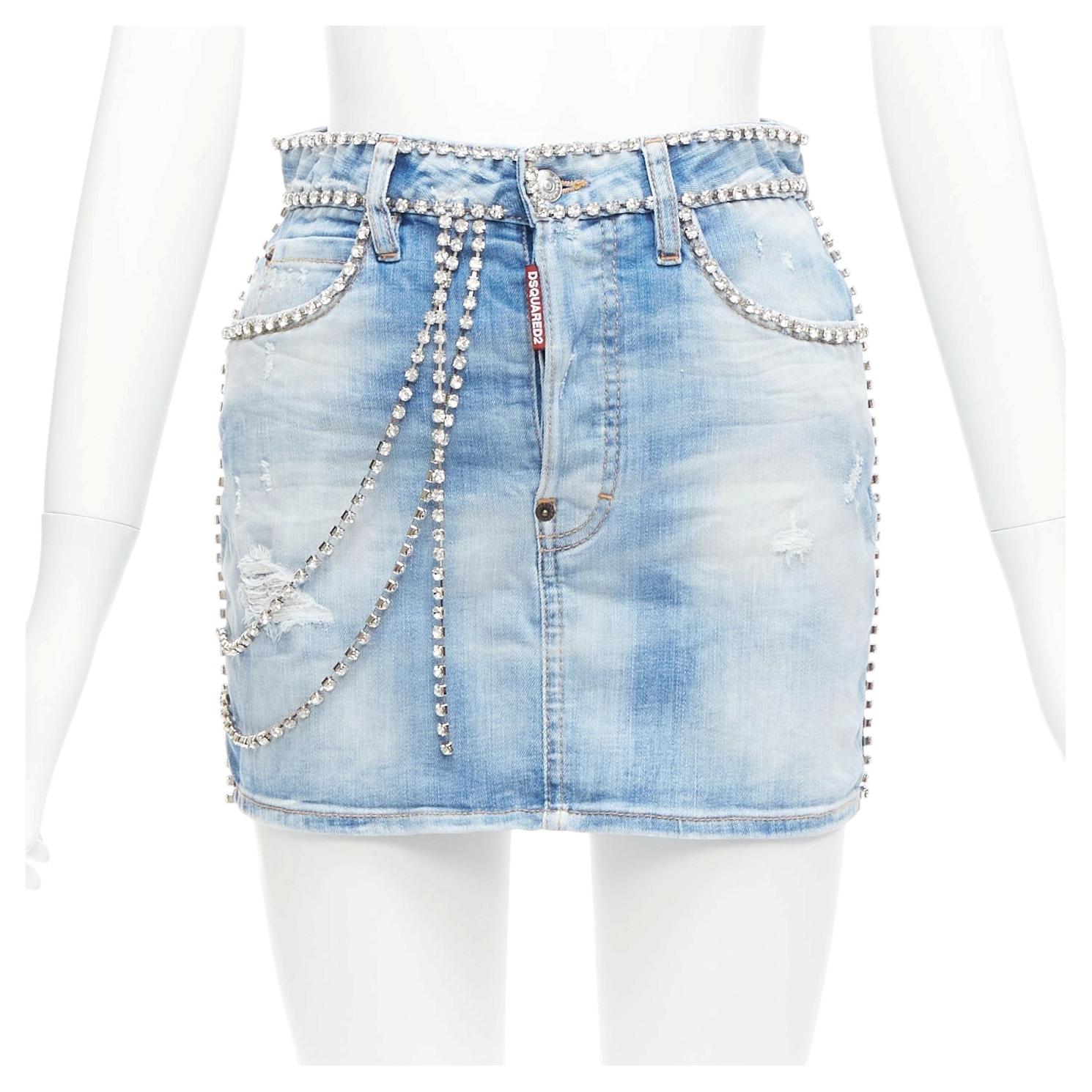 Pre-owned Dsquared2 Blue Distressed Denim Crystal Chain Embellished Mini Skirt It36 S