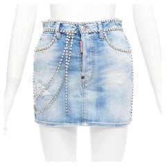 DSQUARED2 blue distressed denim crystal chain embellished mini skirt IT36 S