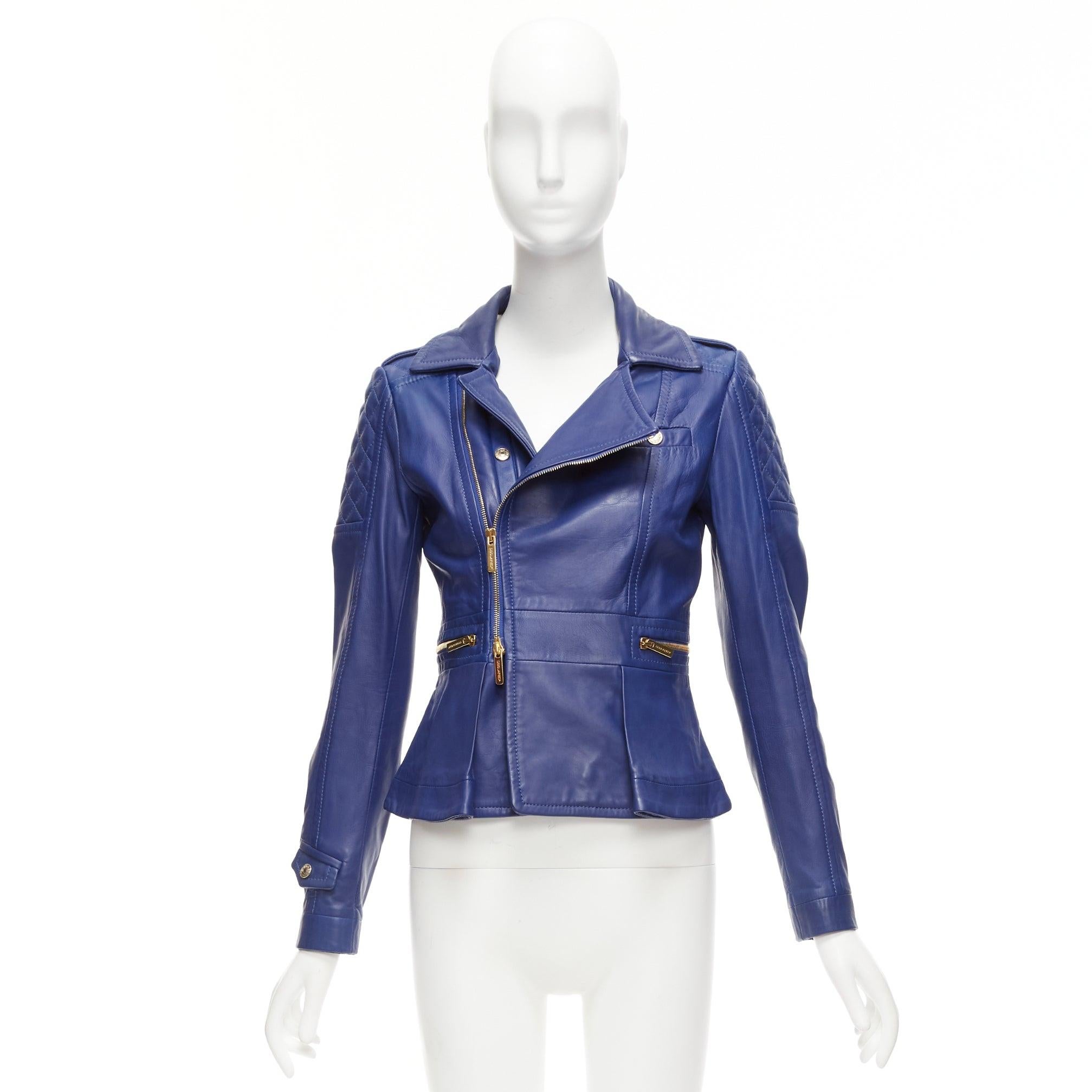 DSQUARED2 blue lambskin leather gold logo zip moto biker jacket IT40 S 5