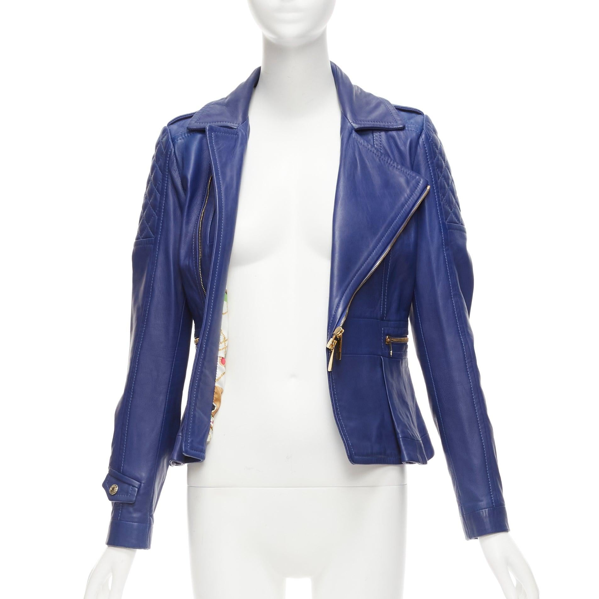 Purple DSQUARED2 blue lambskin leather gold logo zip moto biker jacket IT40 S