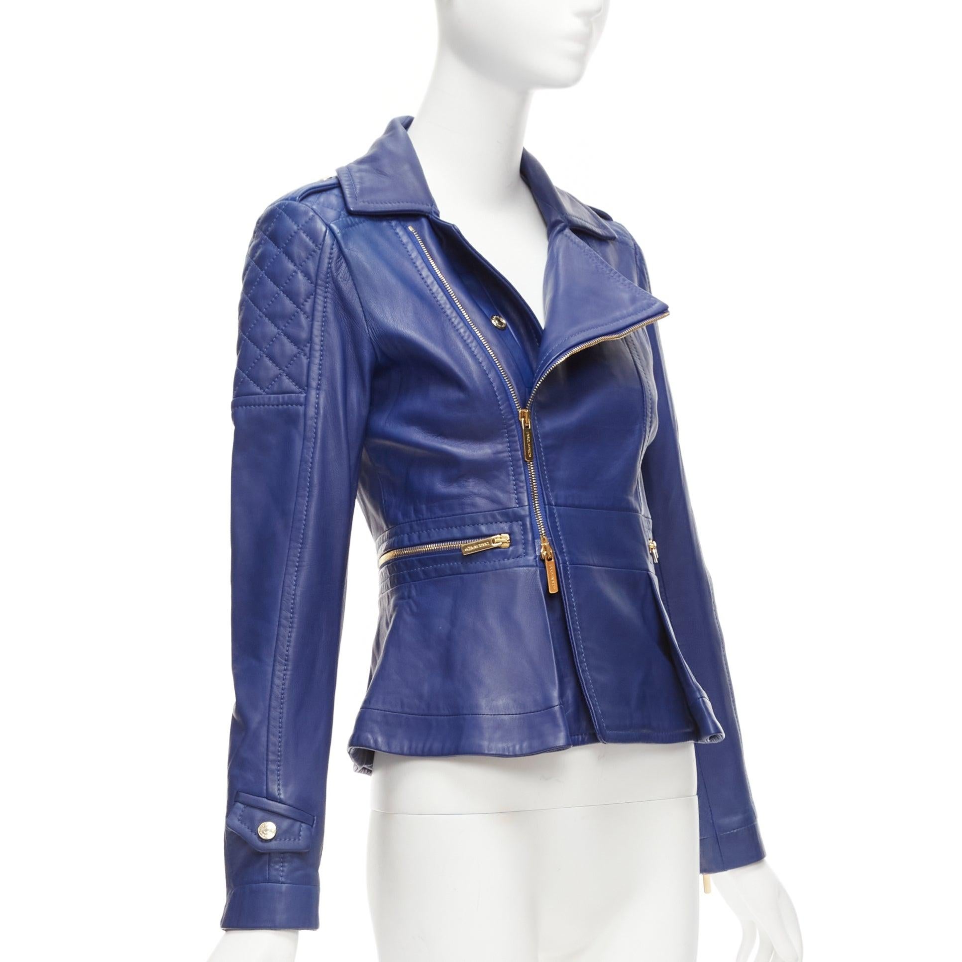 DSQUARED2 blue lambskin leather gold logo zip moto biker jacket IT40 S In Excellent Condition In Hong Kong, NT