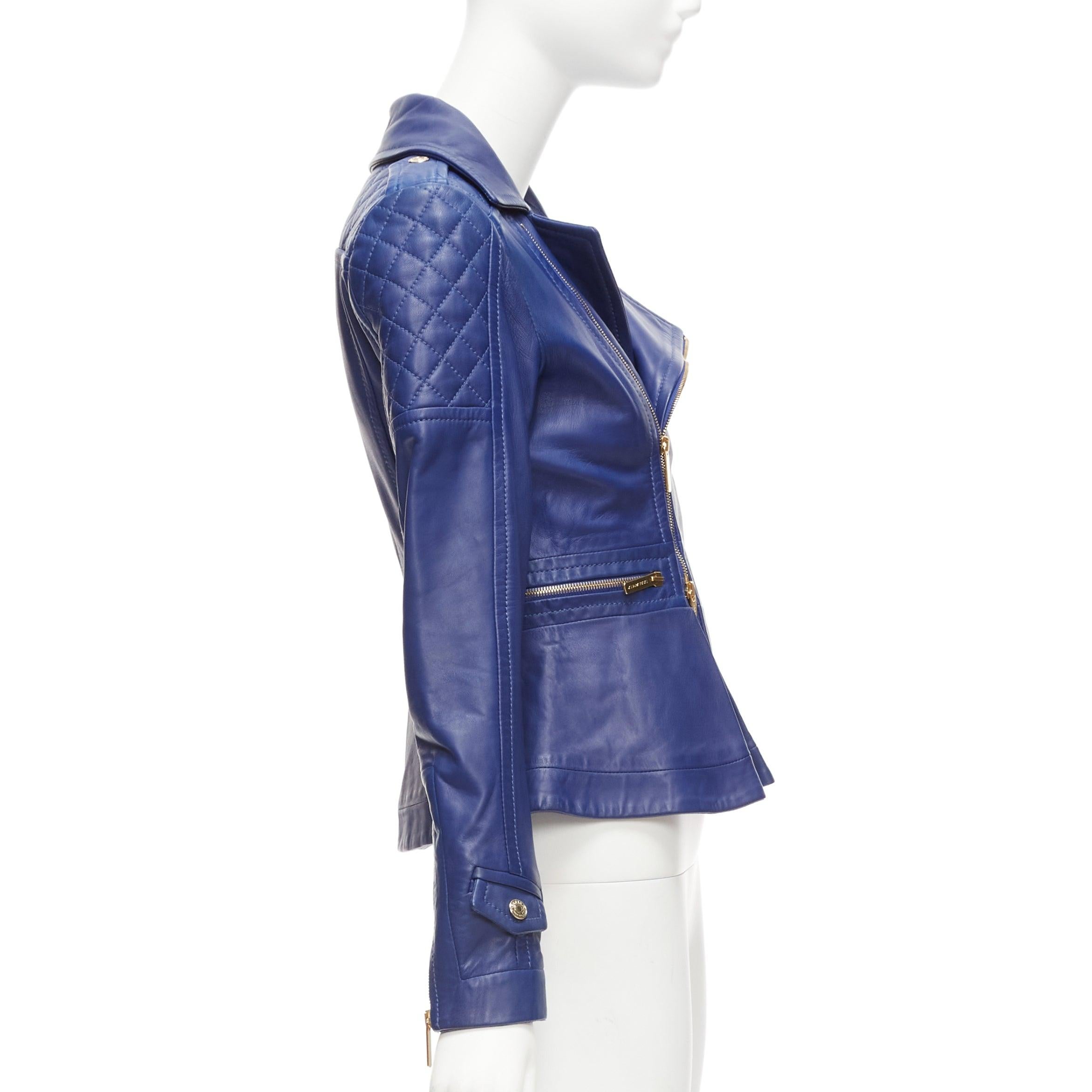 Women's DSQUARED2 blue lambskin leather gold logo zip moto biker jacket IT40 S