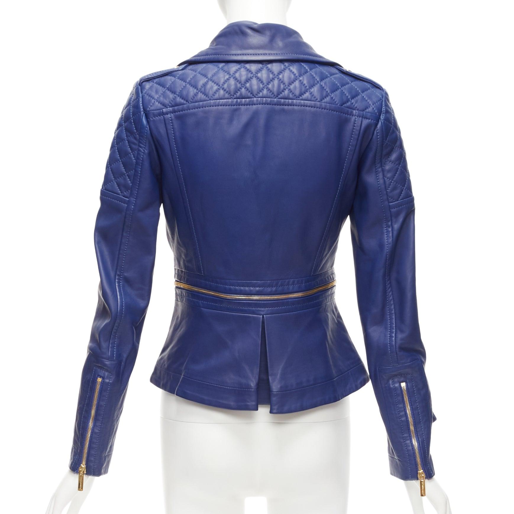 DSQUARED2 blue lambskin leather gold logo zip moto biker jacket IT40 S 1