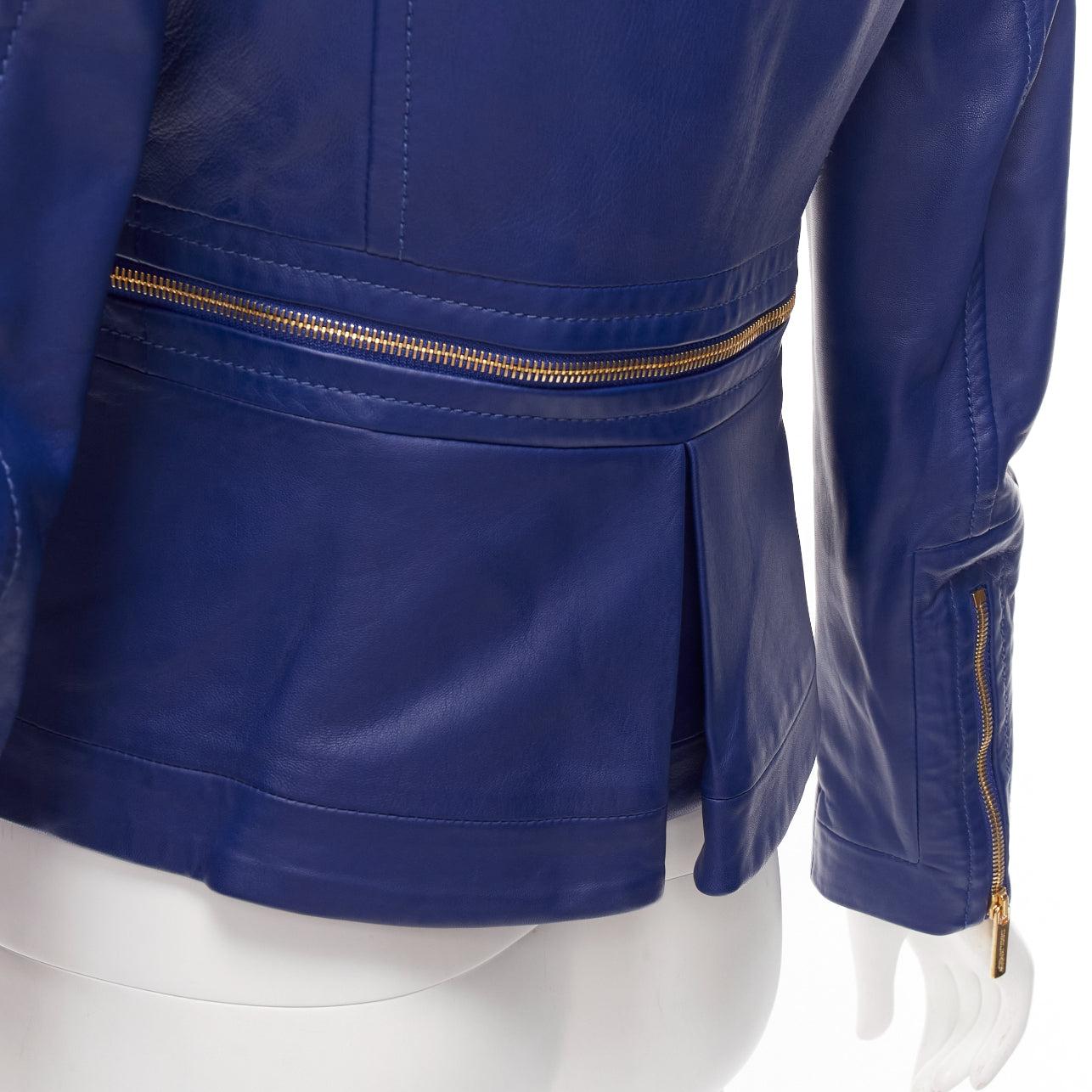 DSQUARED2 blue lambskin leather gold logo zip moto biker jacket IT40 S 3