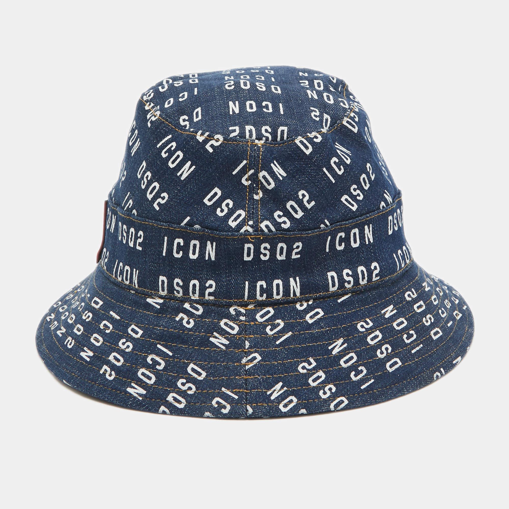 Nero Cappello a secchiello in denim con stampa logo blu di Dsquared2 in vendita