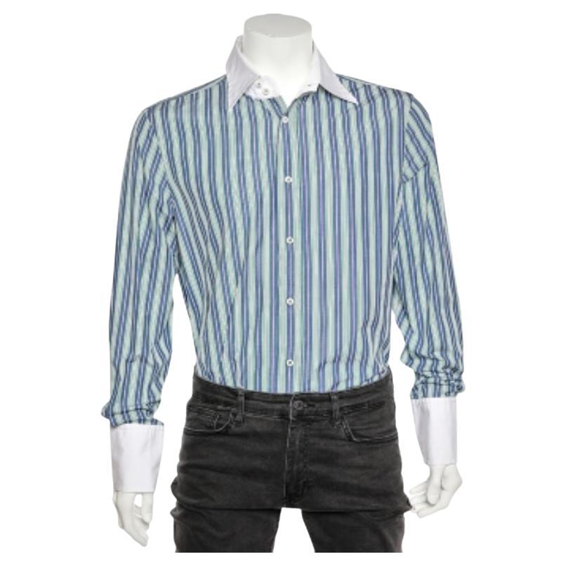 Dsquared2 Blau gestreiftes Hemd aus Baumwolle mit Kontrastkragen und Knopfleiste XXL