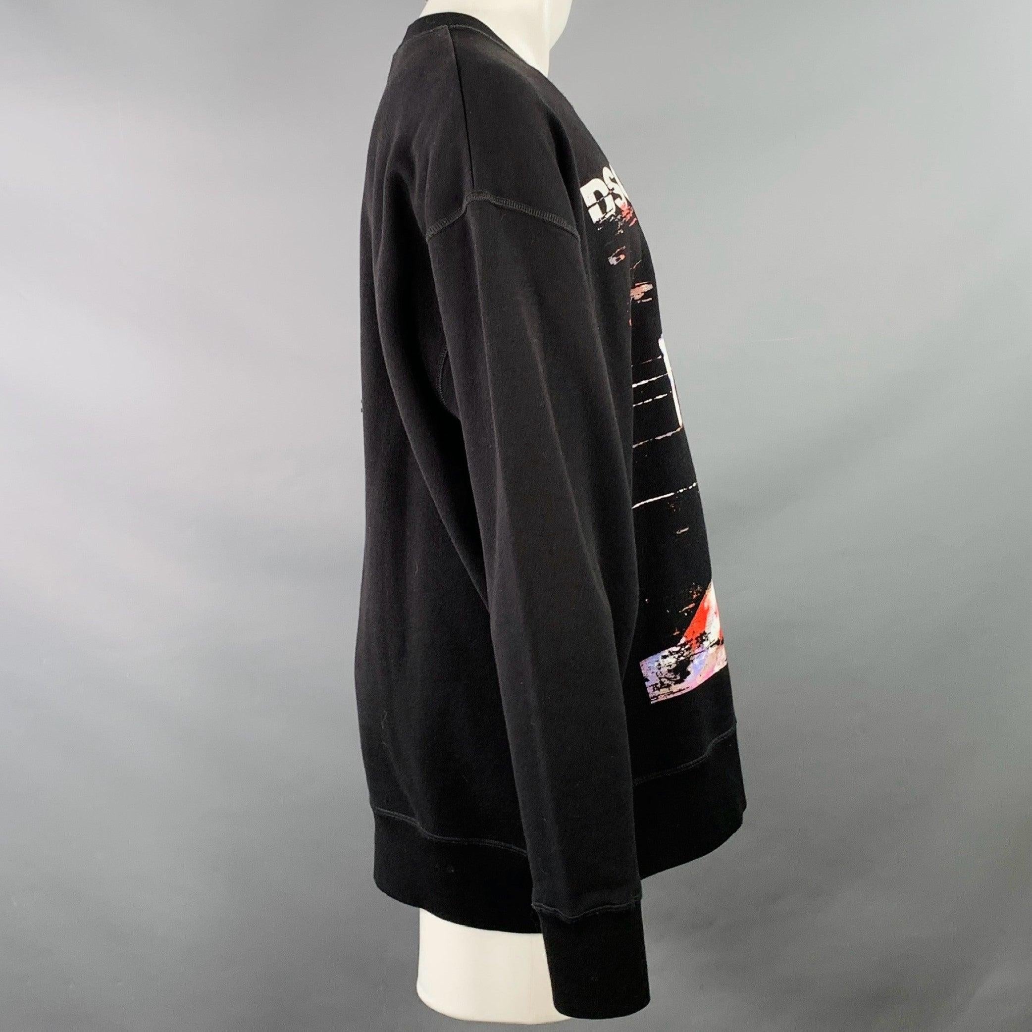 Noir DSQUARED2 BROS Size M Black Red Print Cotton Oversized Crew Neck Sweatshirt en vente