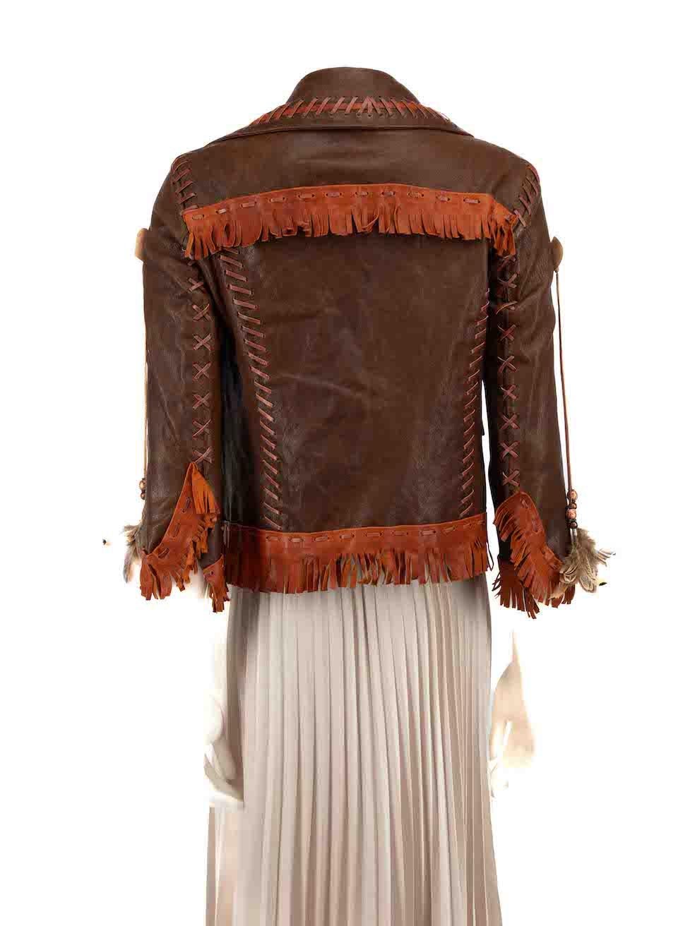 Dsquared2 Brown Leather Fringed Feather Jacket Size M In Good Condition For Sale In London, GB