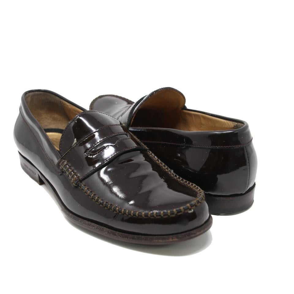 Dsquared2 Brown Patent Leather Round-Toe Stitching Penny Loafers Formal Shoes In Good Condition For Sale In Downey, CA