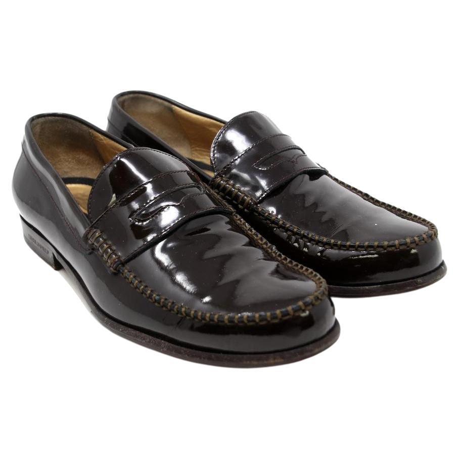 Dsquared2 Brown Patent Leather Round-Toe Stitching Penny Loafers