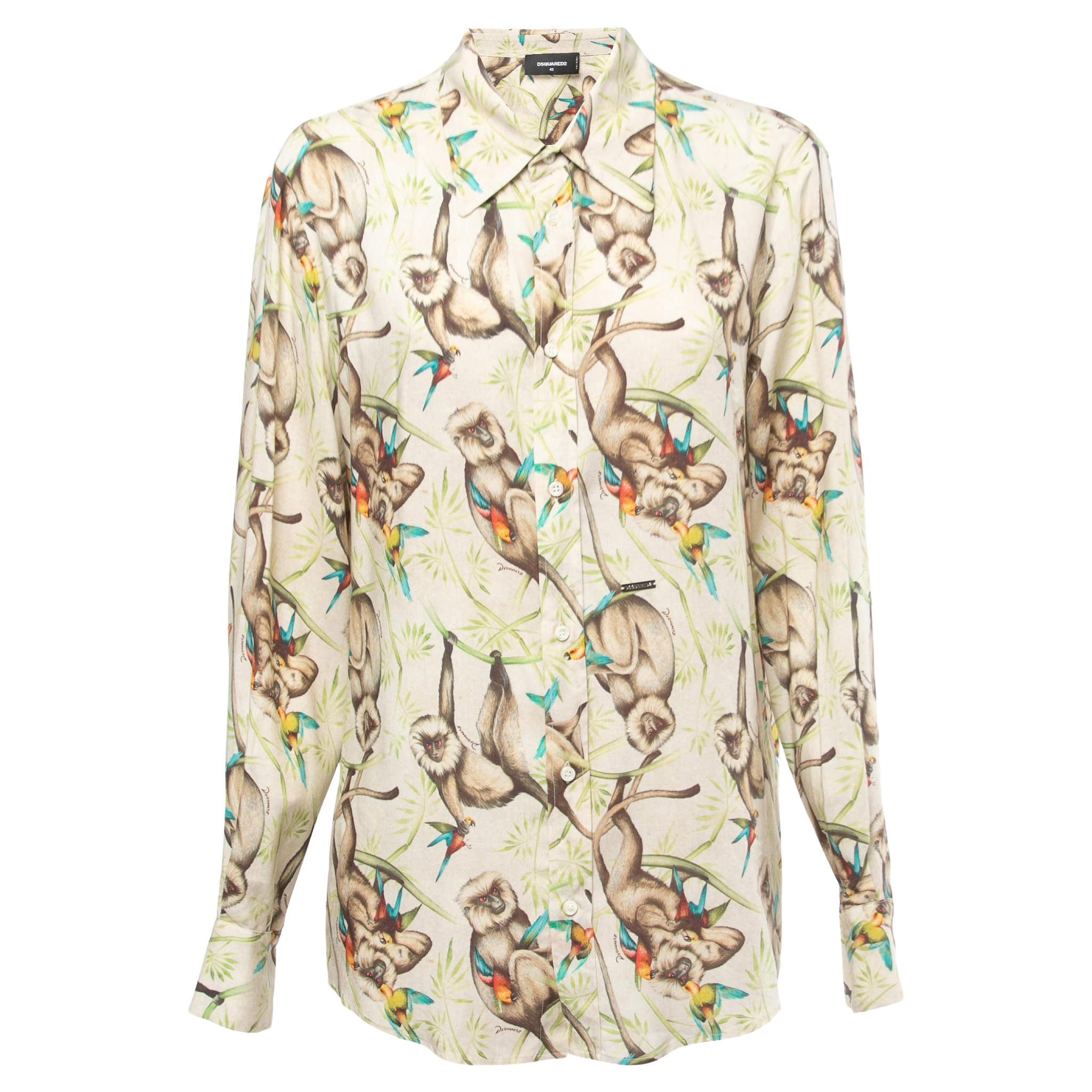 Dsquared2 Cream Monkey Printed Twill Button Front Shirt XL