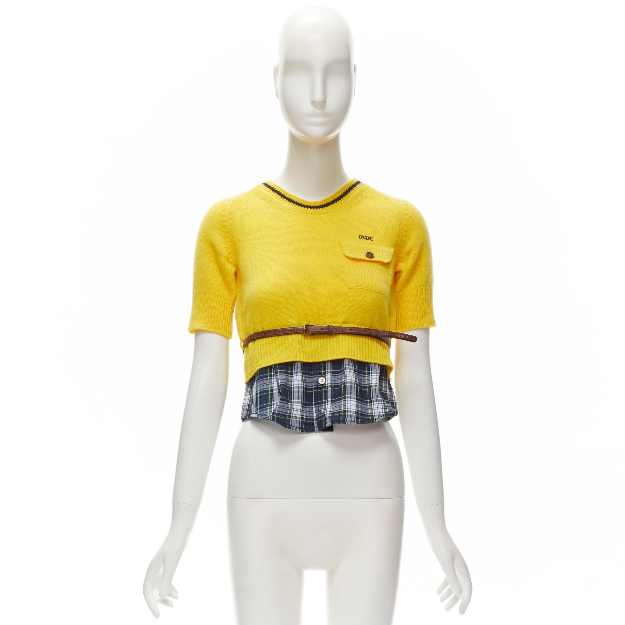 DSQUARED2 DCDC embroidered yellow cropped shirt hem belted sweater S For Sale 4