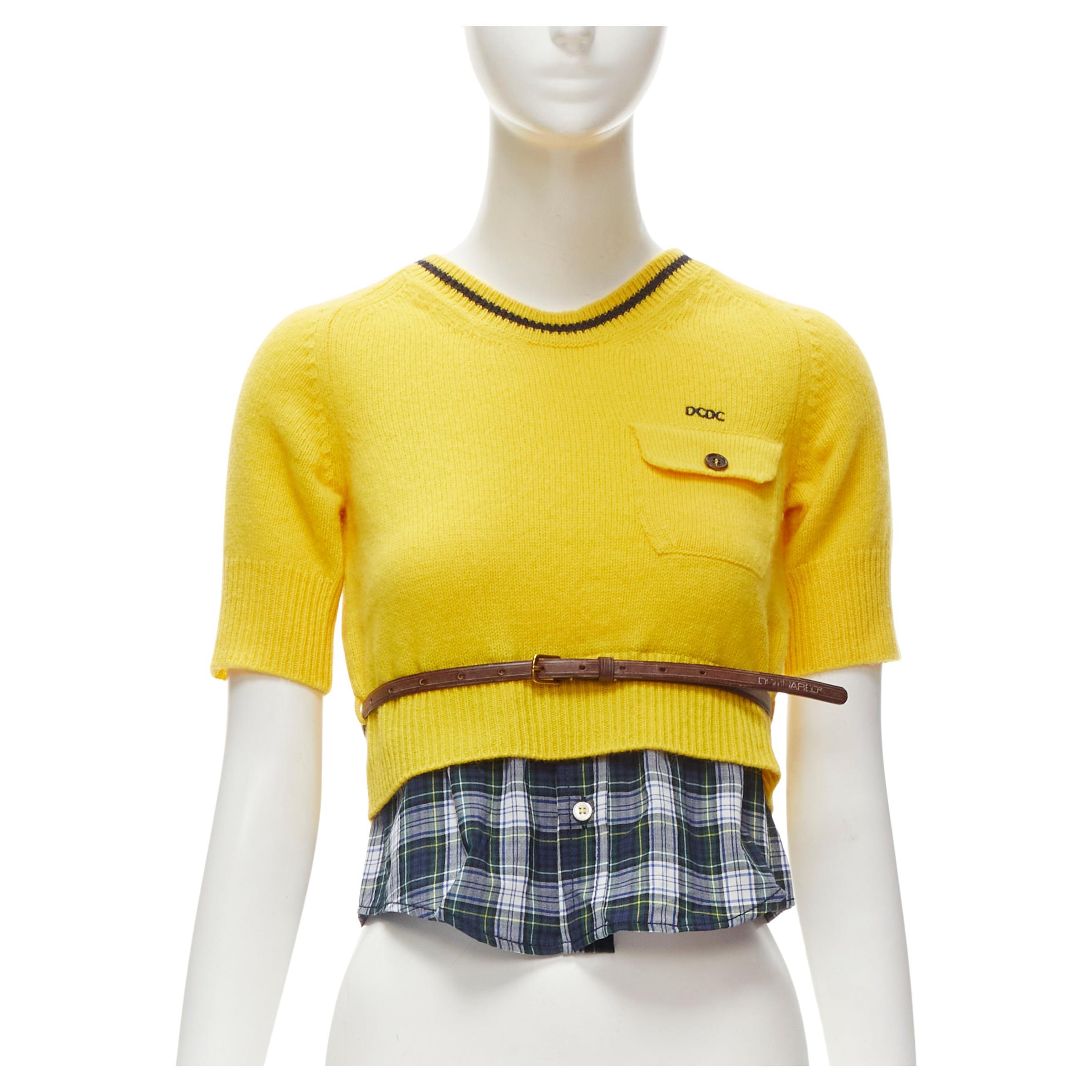 DSQUARED2 DCDC embroidered yellow cropped shirt hem belted sweater S For Sale