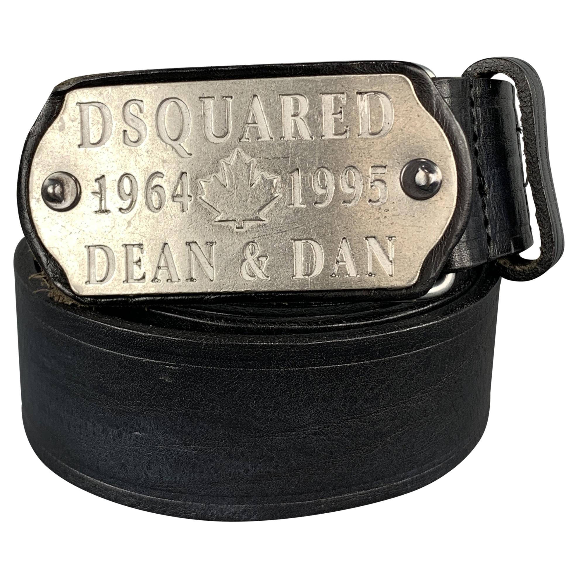 DSQUARED2 Dean & Dan Size L Black Leather Rectangular Silver Tone Buckle Belt