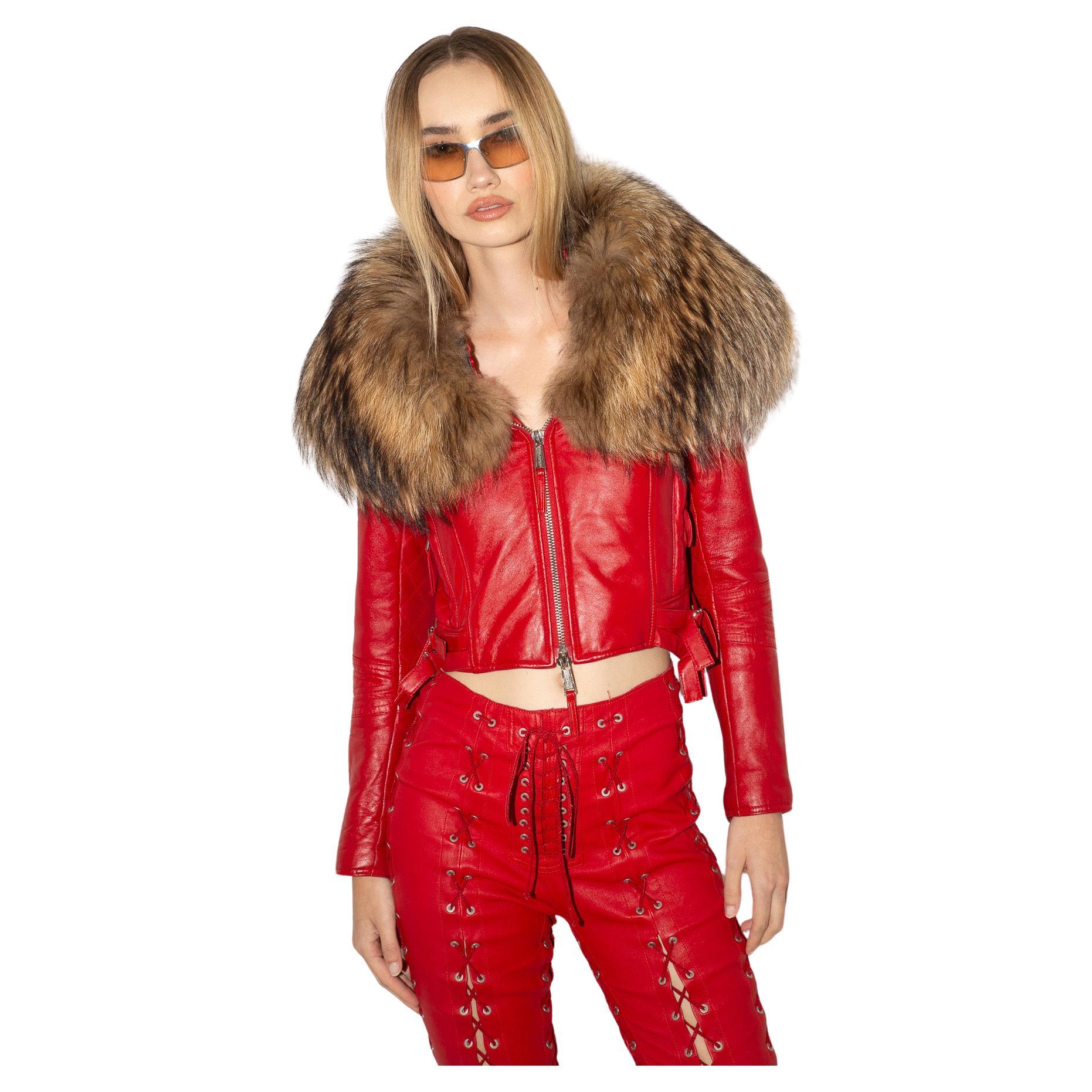 Rosso Dsquared2 F/W 2007 Runway Lambskin Leather Racoon Fur Collar Biker Jacket in vendita